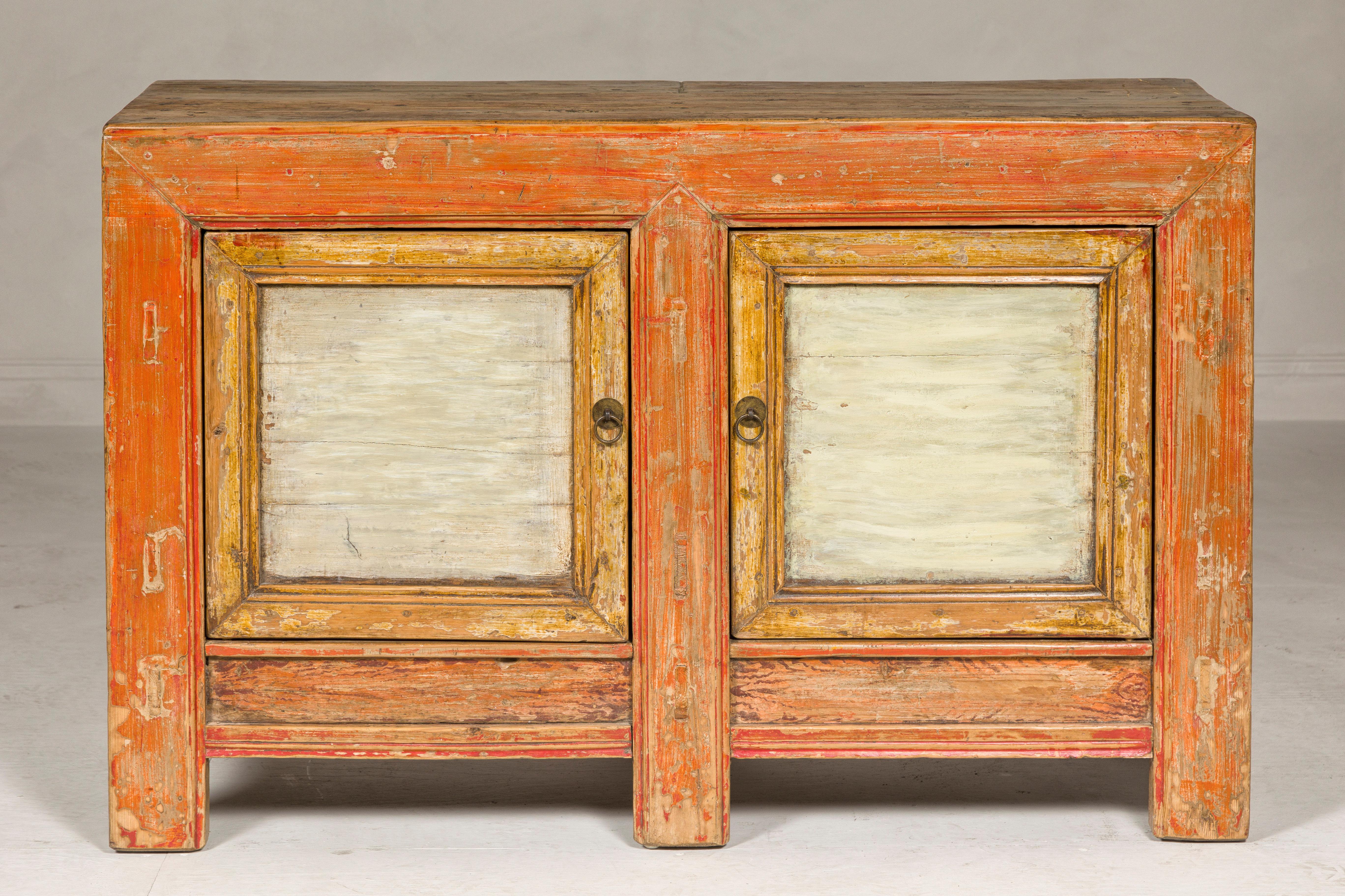 Country Style Painted Two-Door Buffet with Distressed Orange and Off-White Color For Sale 1