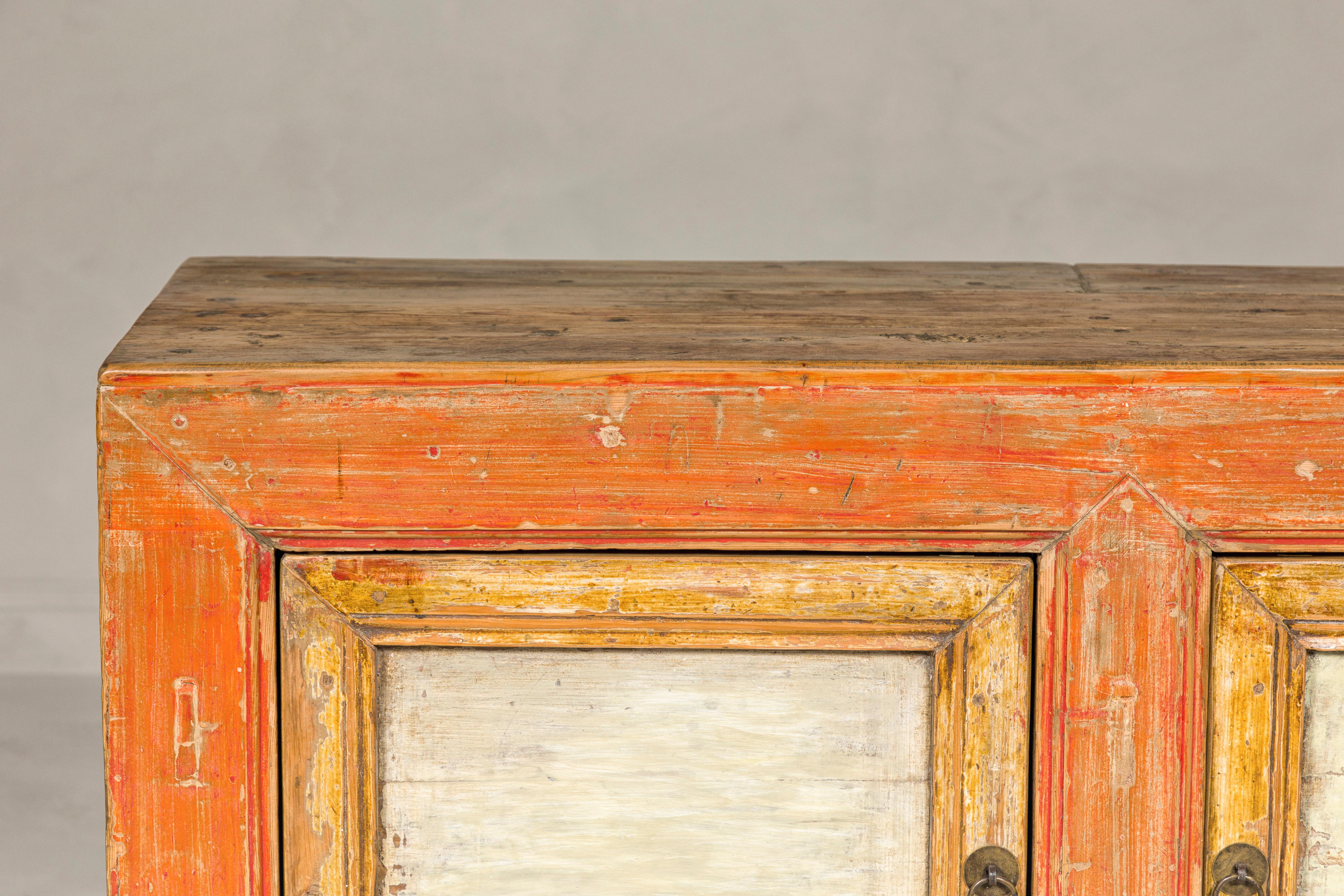 Country Style Painted Two-Door Buffet with Distressed Orange and Off-White Color For Sale 2