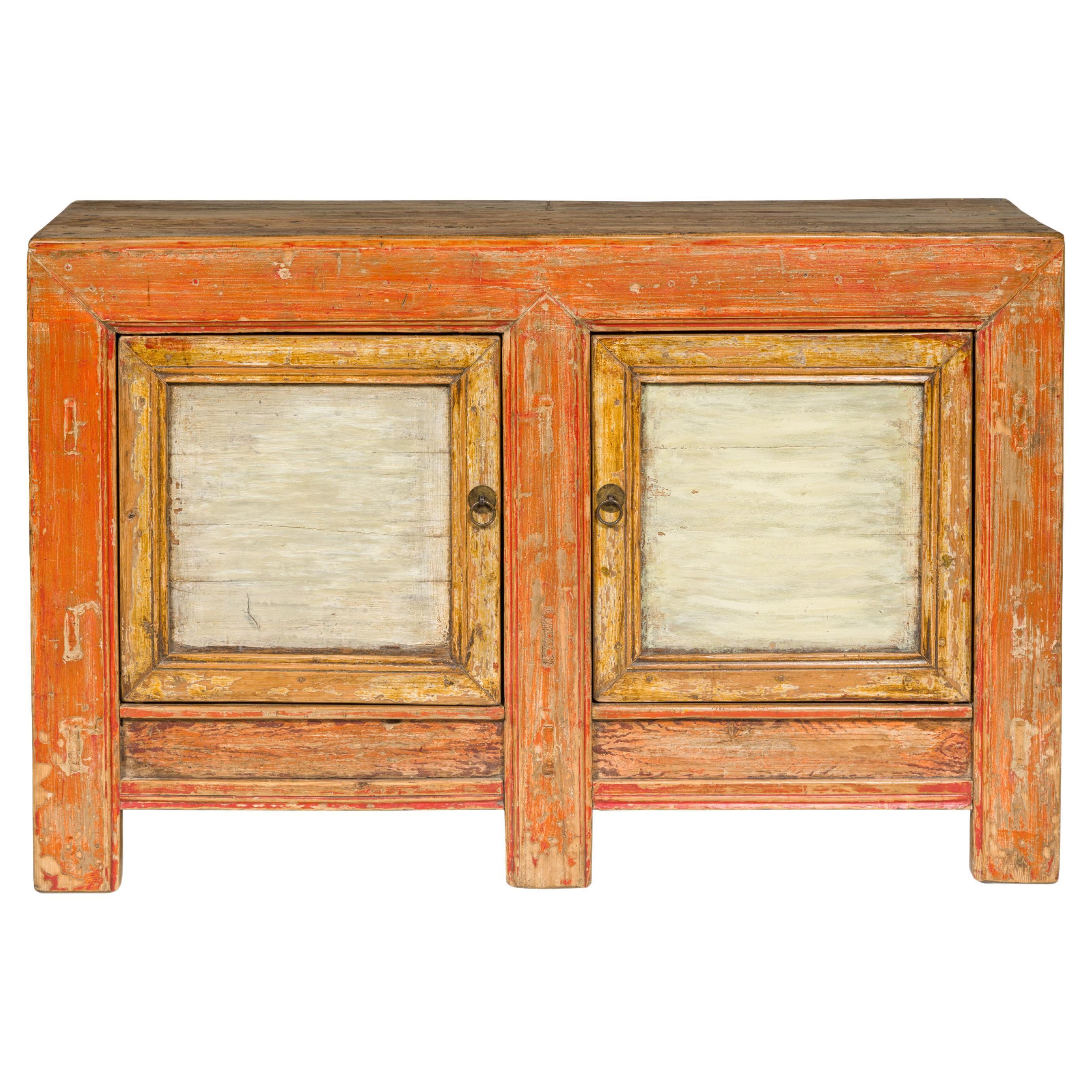 Country Style Painted Two-Door Buffet with Distressed Orange and Off-White Color For Sale