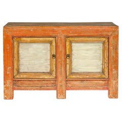 Vintage Country Style Painted Two-Door Buffet with Distressed Orange and Off-White Color