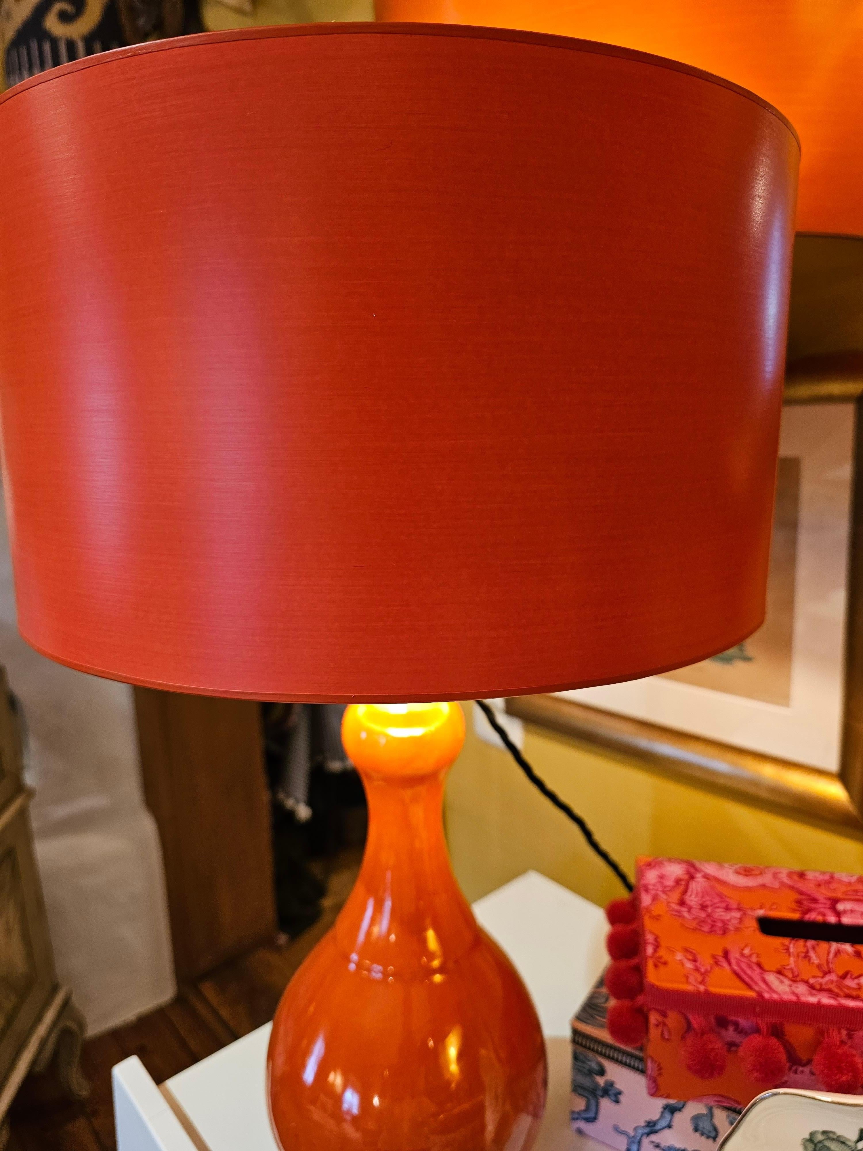 French Country Style Pair of Pottery Lamps in Orange 