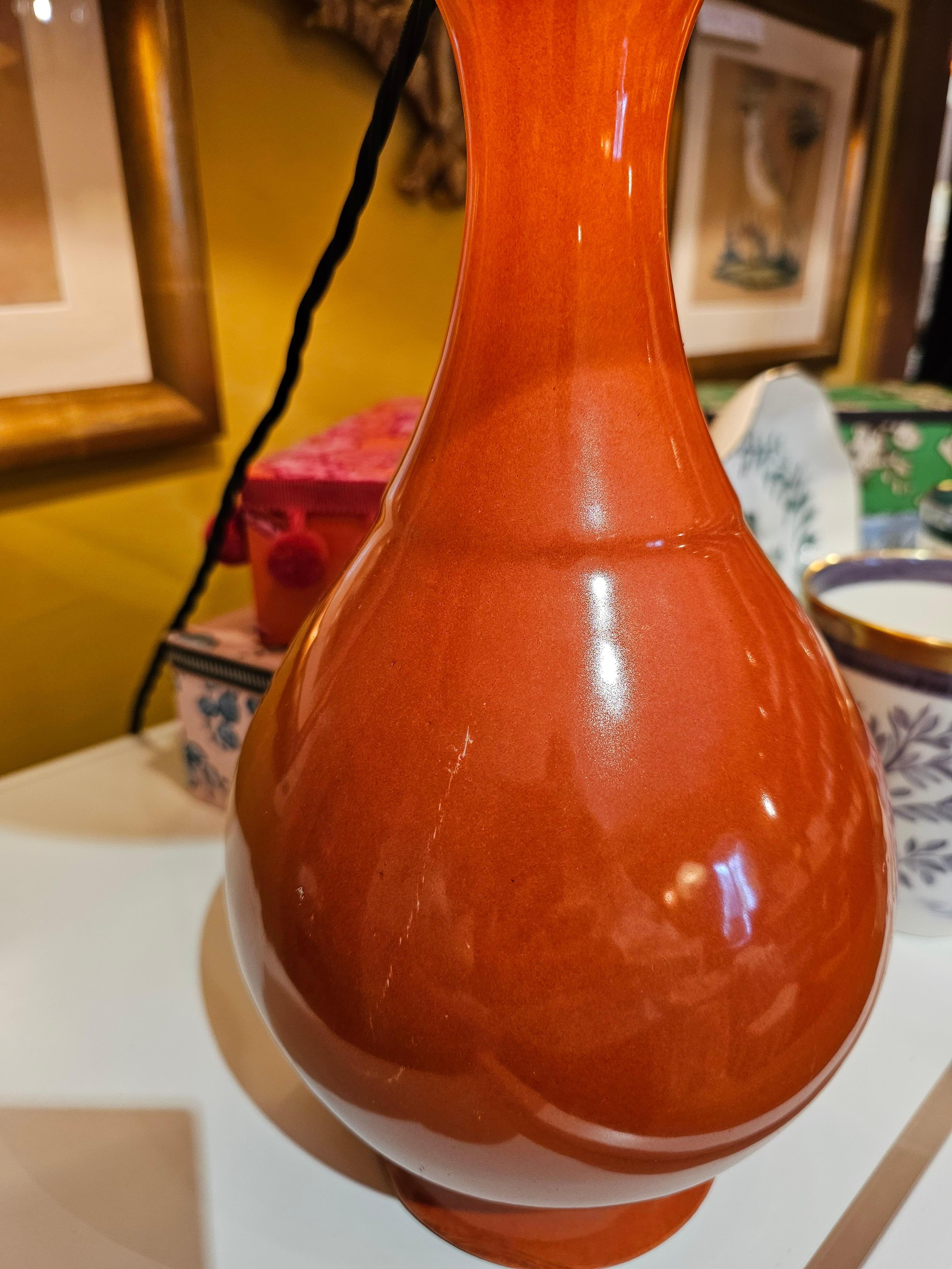 Hand-Crafted Country Style Pair of Pottery Lamps in Orange 