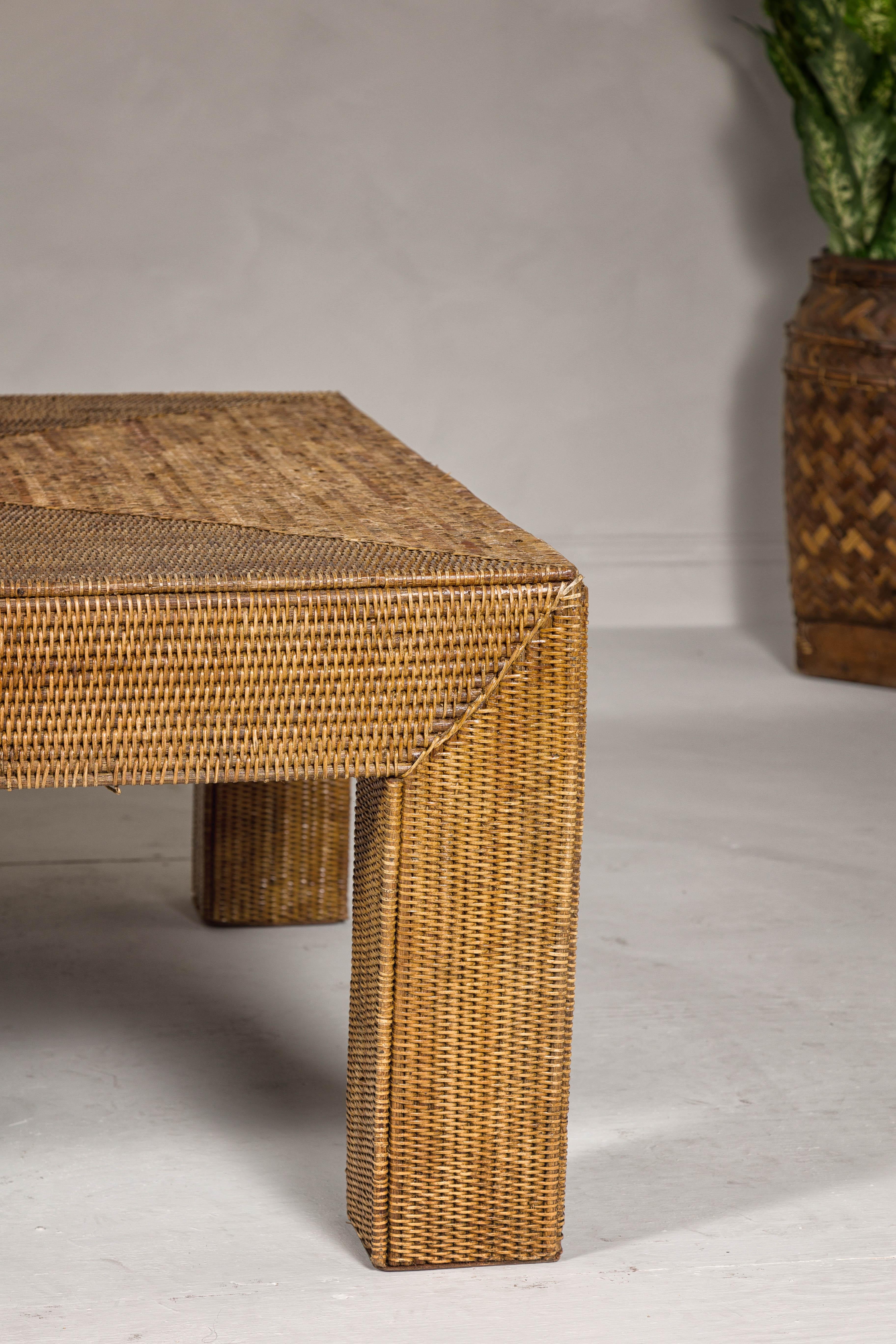 Country Style Parsons Legs Woven Rattan Coffee Table with Wooden Core, Vintage For Sale 5