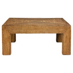 Table basse de style campagnard Parsons à pieds en rotin tressé avec cordon en bois, vintage