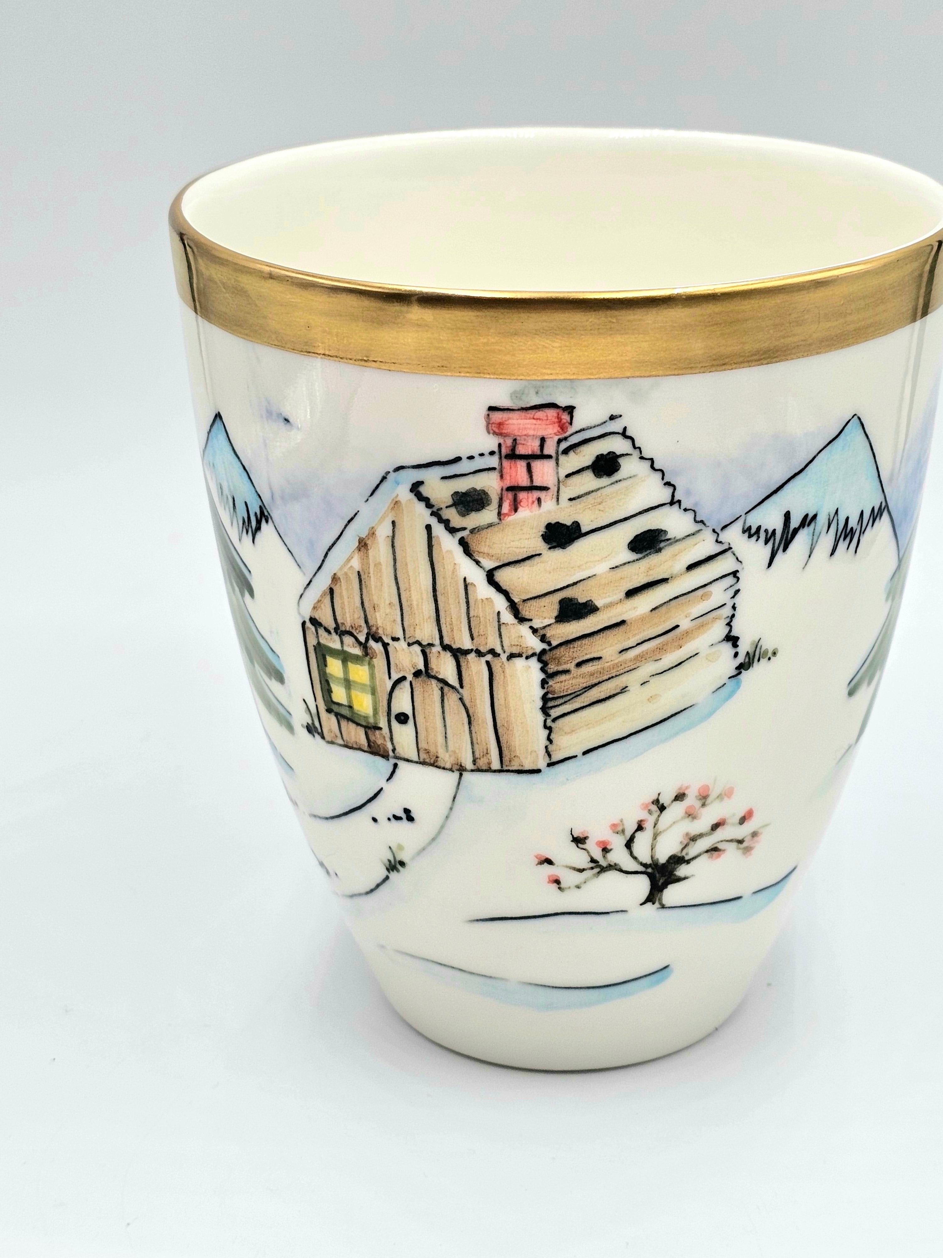German  Country Style Porcelain Vase Handpainted Skier Decor Sofina Boutique Kitzbuehel For Sale