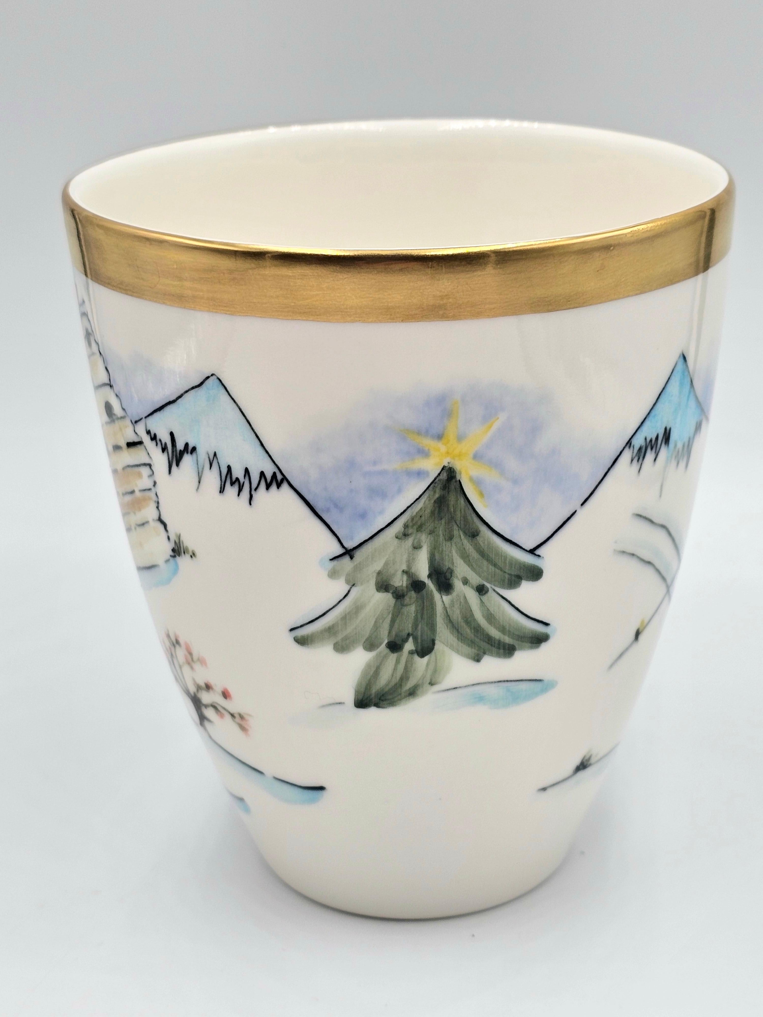 Hand-Crafted  Country Style Porcelain Vase Handpainted Skier Decor Sofina Boutique Kitzbuehel For Sale