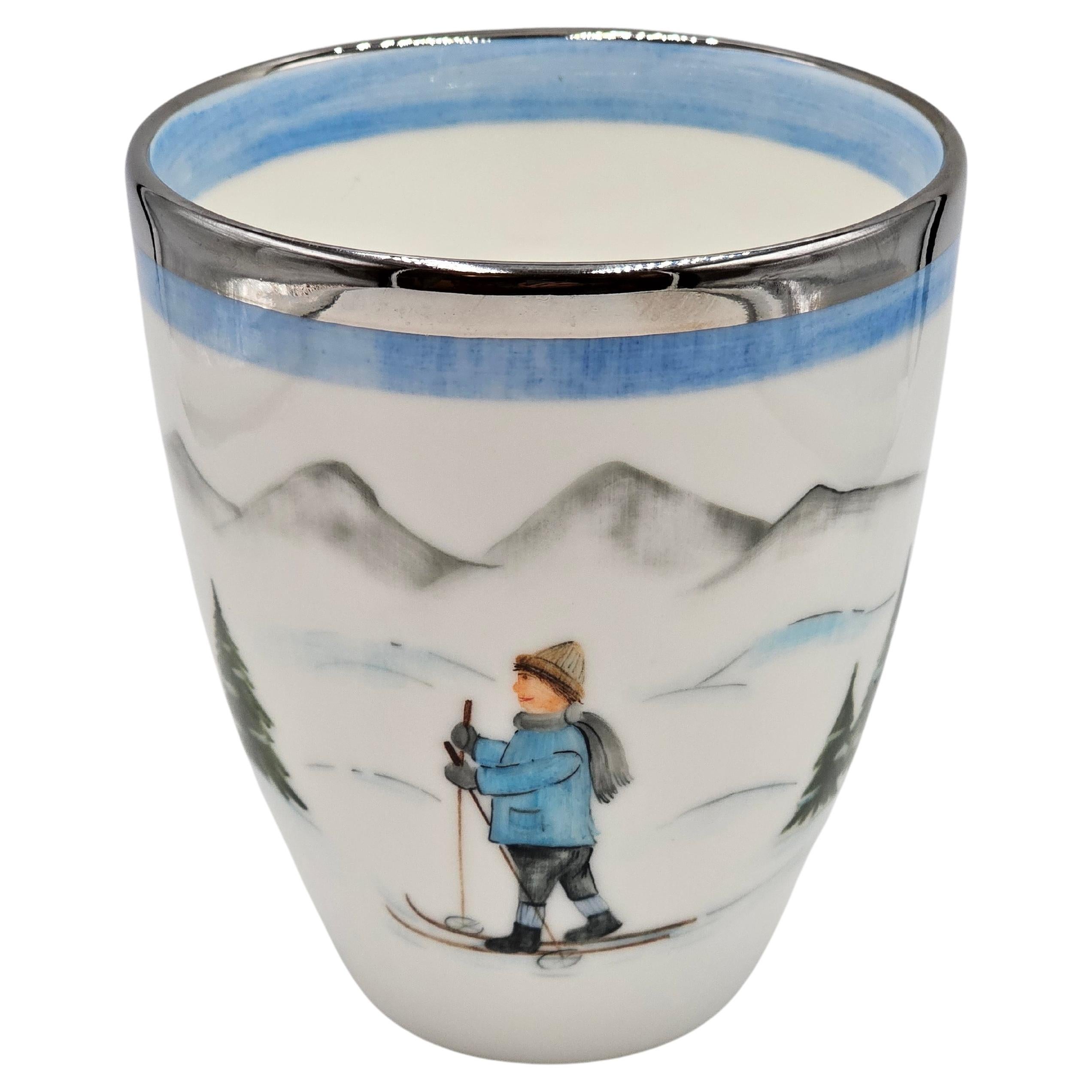  Country Style Porcelain Vase Handpainted Skier Decor Sofina Boutique Kitzbuehel For Sale