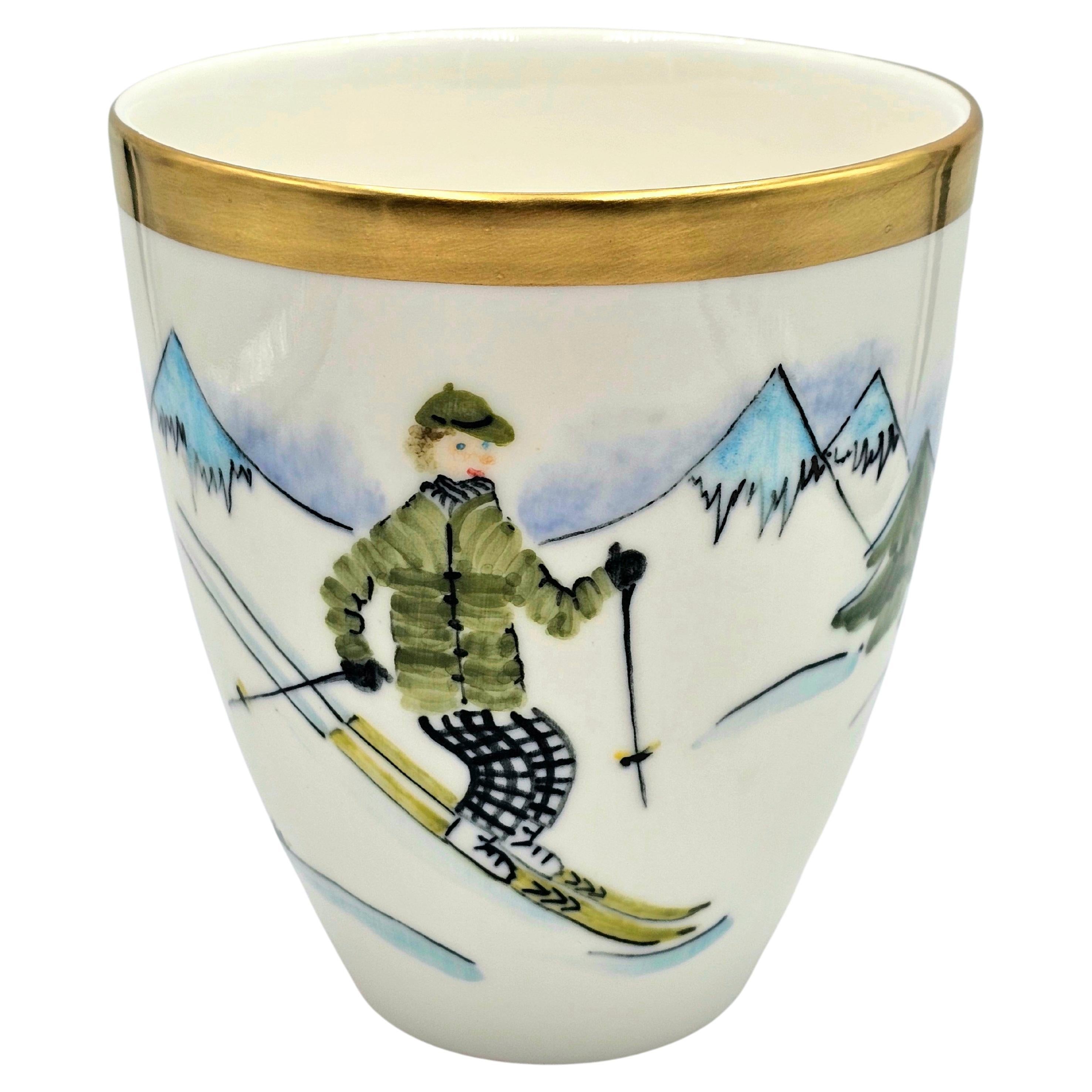  Porzellanvase im Landhausstil, handbemalt, Skier-Dekor Sofina Boutique Kitzbuehel