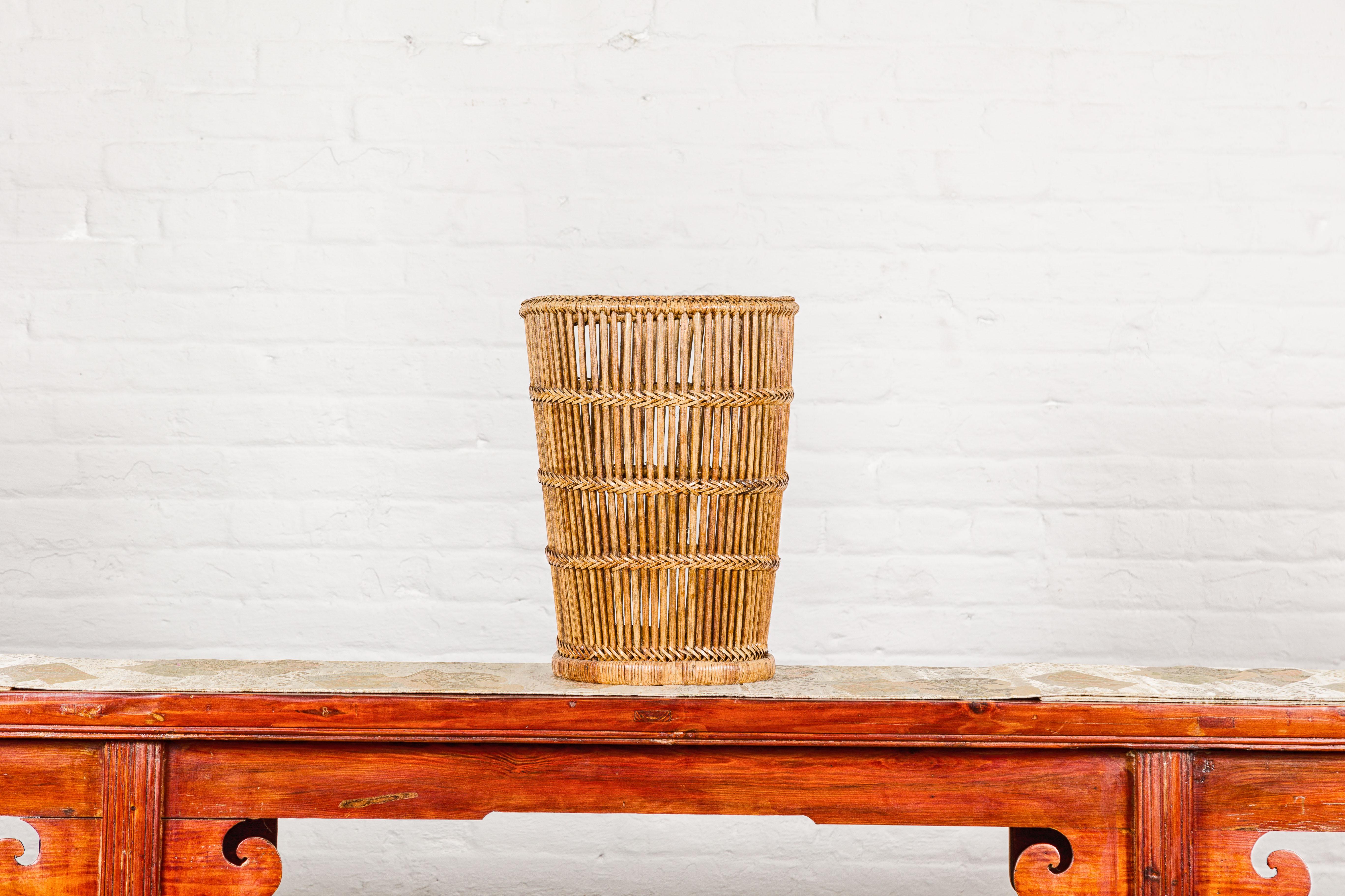 Burmese Country Style Rattan Waste Basket with Braided Woven Accents and Tapering Lines For Sale