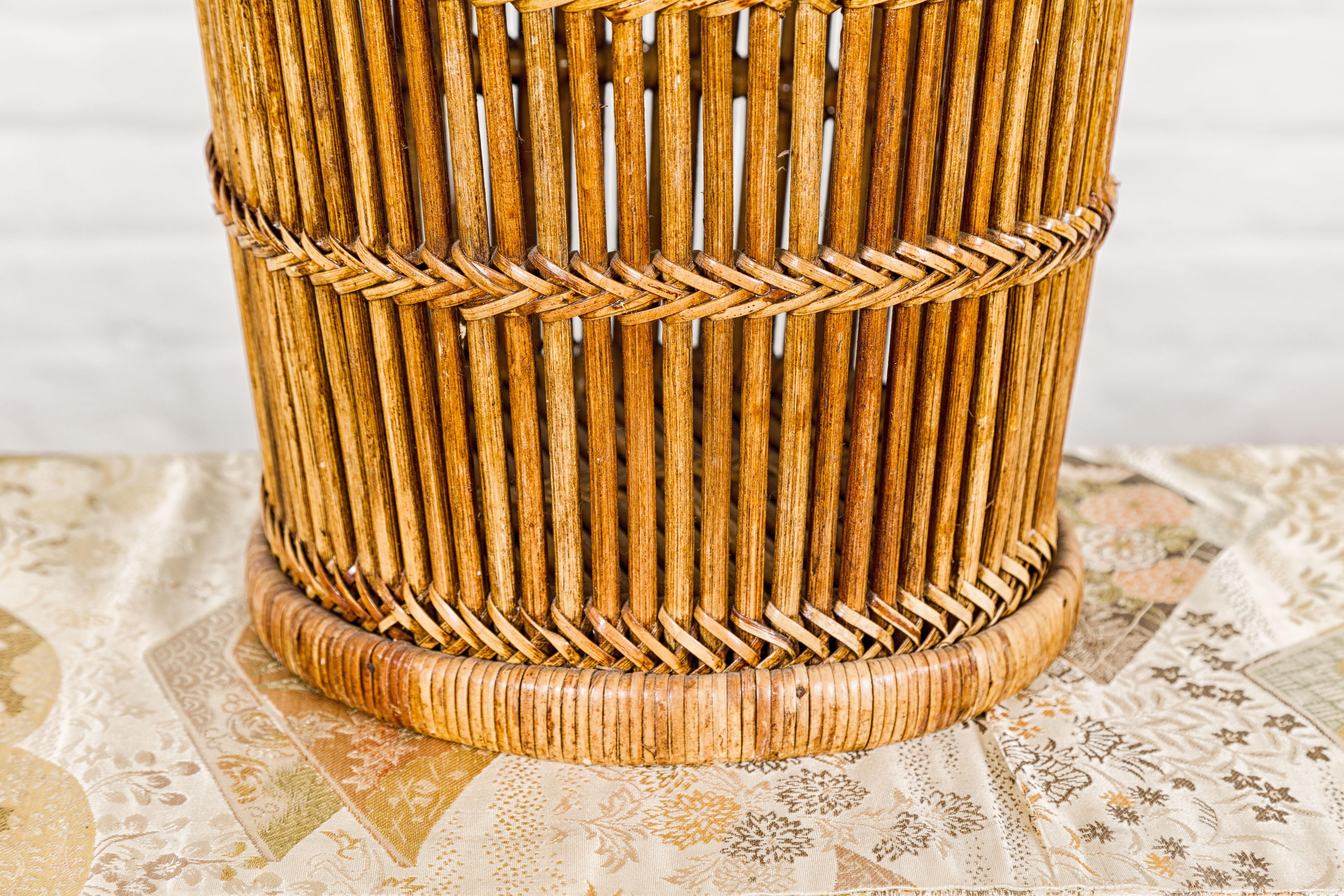Country Style Rattan Waste Basket with Braided Woven Accents and Tapering Lines For Sale 3