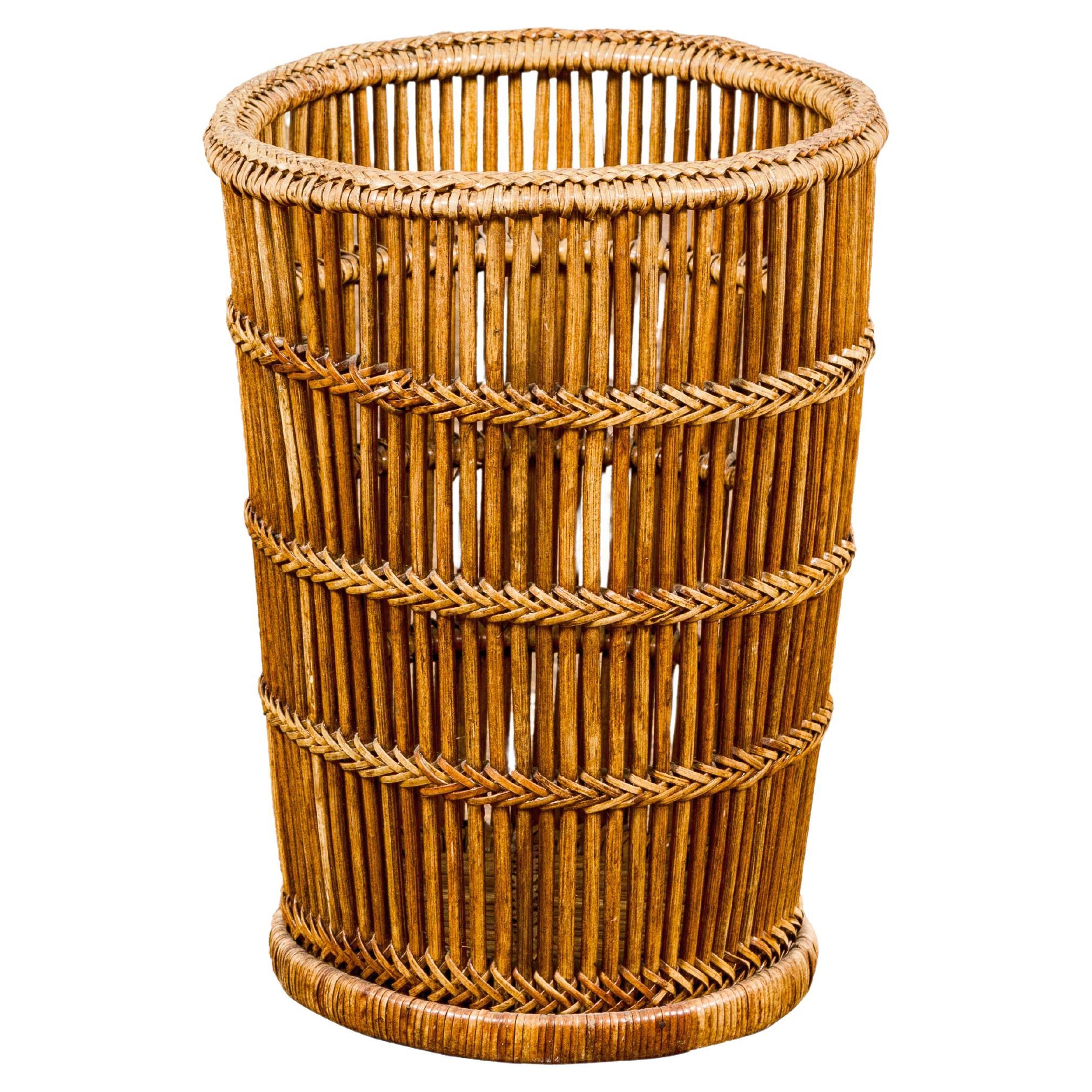 Country Style Rattan Waste Basket with Braided Woven Accents and Tapering Lines For Sale