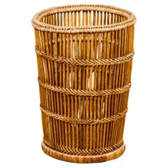 Vintage Country Style Rattan Waste Basket with Braided Woven Accents and Tapering Lines