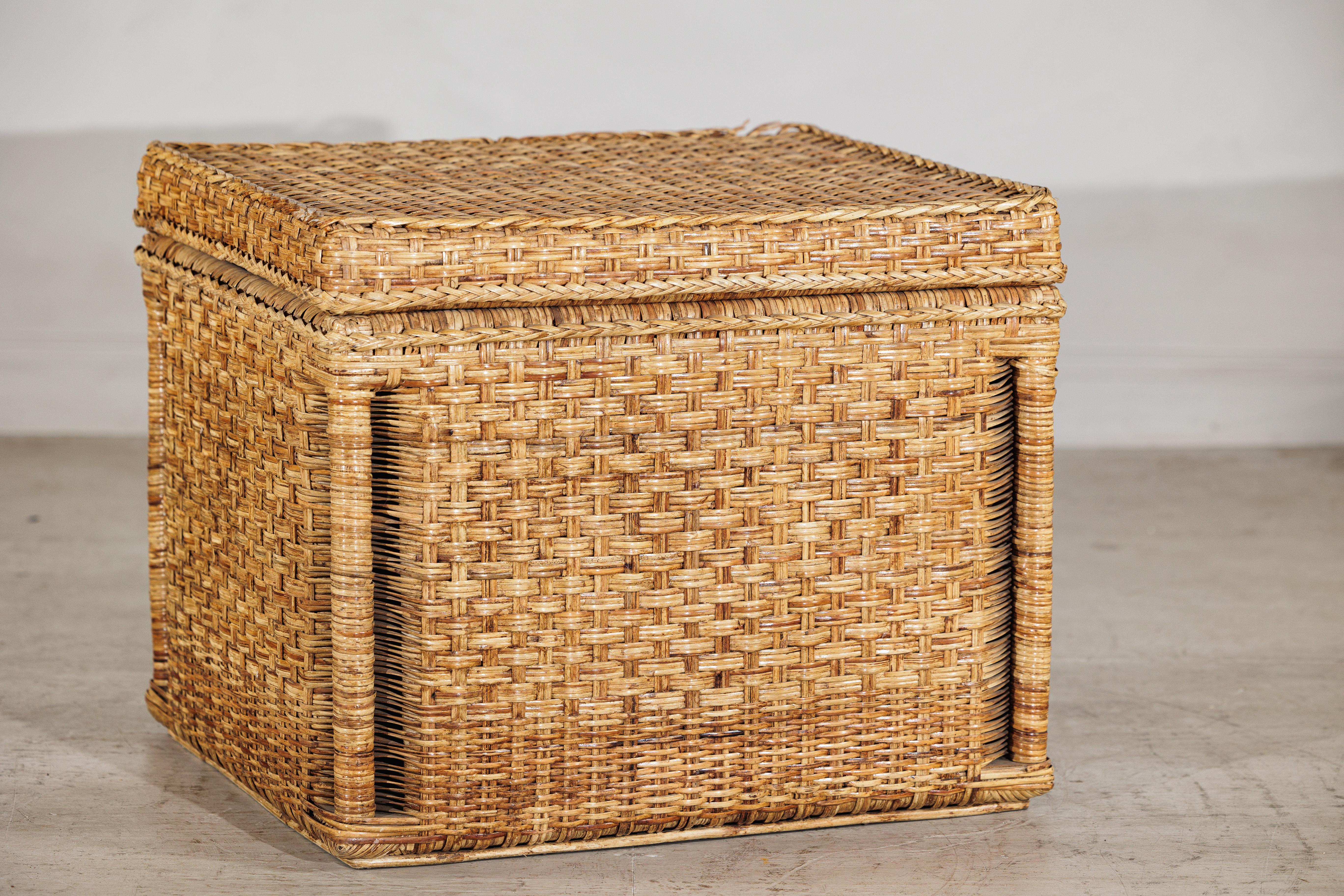 Country Bac de rangement rectangulaire en rotin de style champêtre avec couvercle à charnière en vente