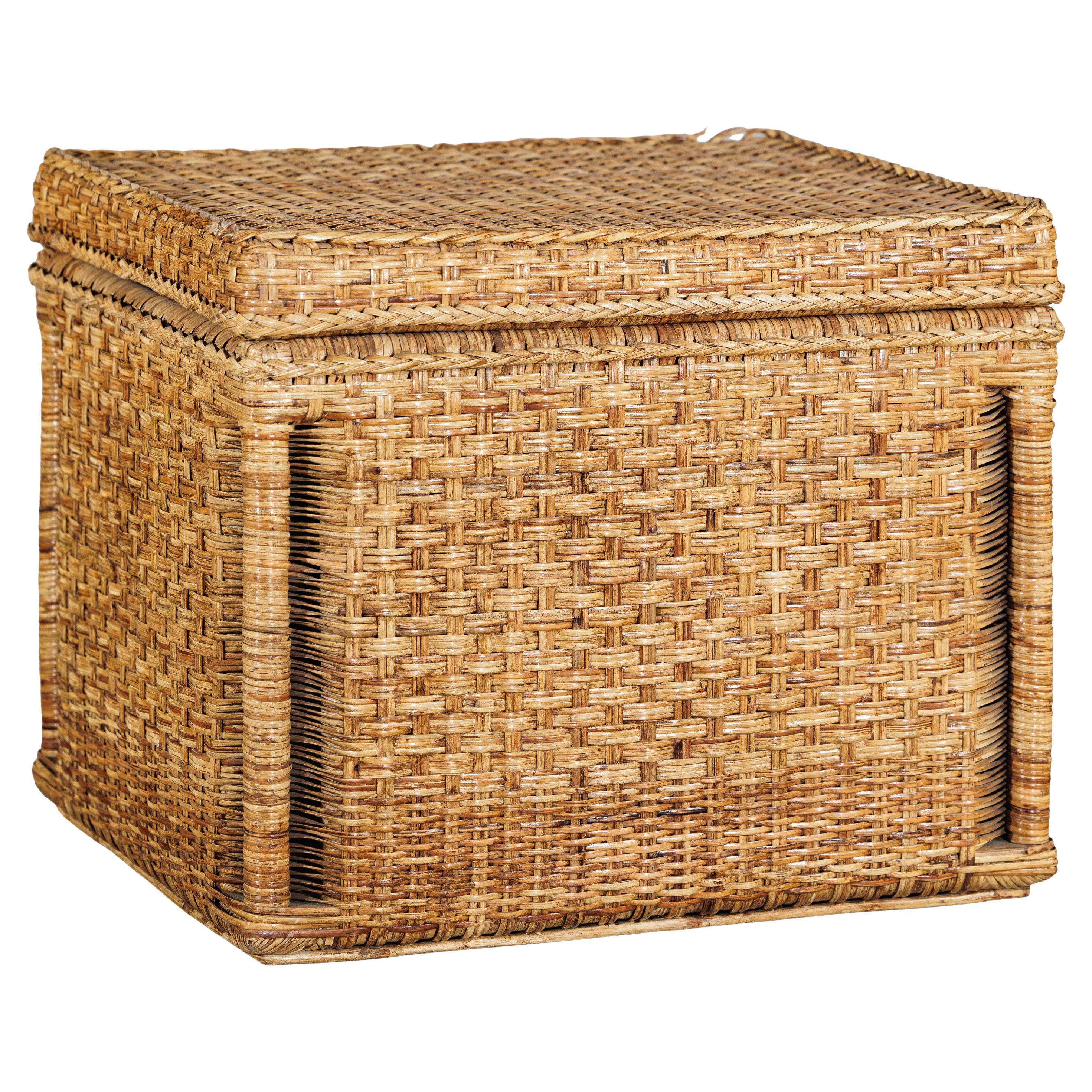 Bac de rangement rectangulaire en rotin de style champêtre avec couvercle à charnière en vente