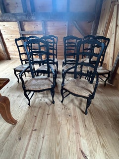 Country Style Set of 10 Ebonized Wood Ladderback Dining Chairs with Rush Seats