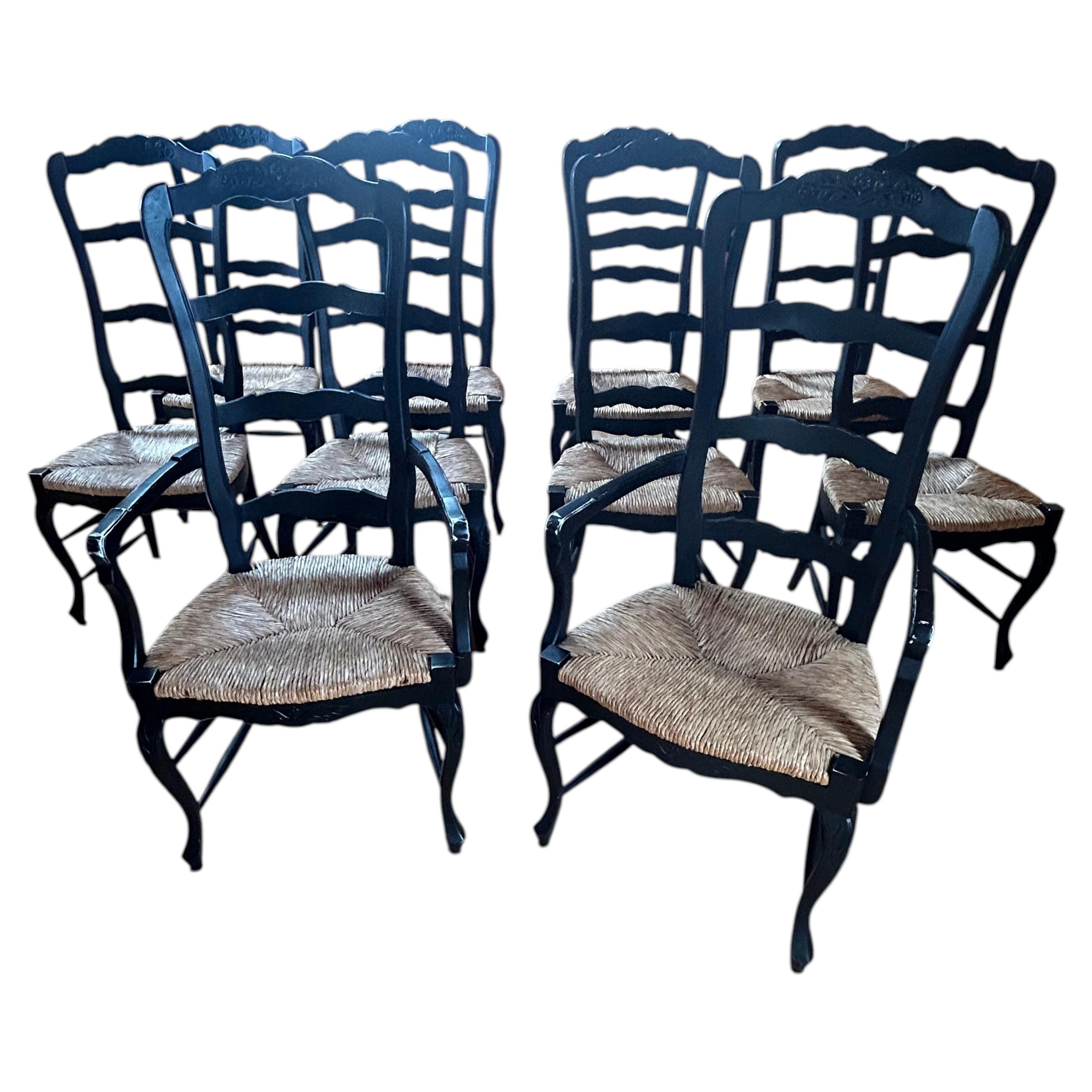 Country Style Set of 10 Ebonized Wood Ladderback Dining Chairs with Rush Seats For Sale