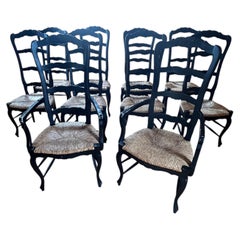 Country Style Set of 10 Ebonized Wood Ladderback Dining Chairs with Rush Seats