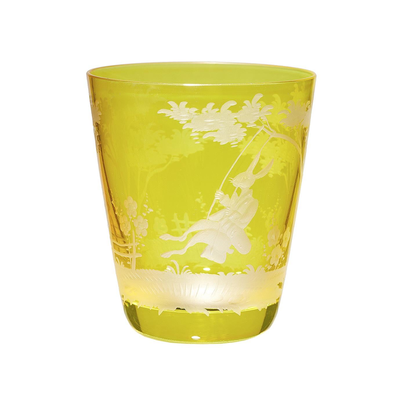 Set of six hand blown tumbler in yellow crystal with a hand-edged  Easter decor in country style. The decor shows a hand-engraved charming vintage Easter decor all-over the glass. Handmade in Bavaria/Germany. Can be ordered in different colors.