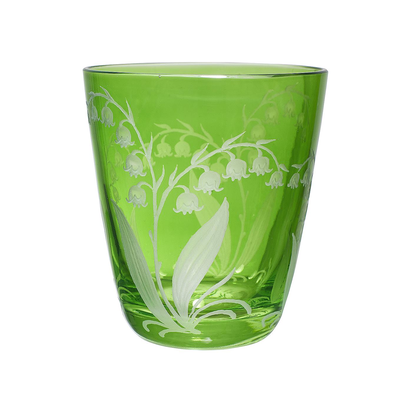 Set of six hand blown tumbler in green crystal with a hand-edged country style decor. The decor shows a hand-engraved decor lily of the valley all-over the glass. Handmade in Bavaria/Germany. Can be ordered in different colors like pink, green and
