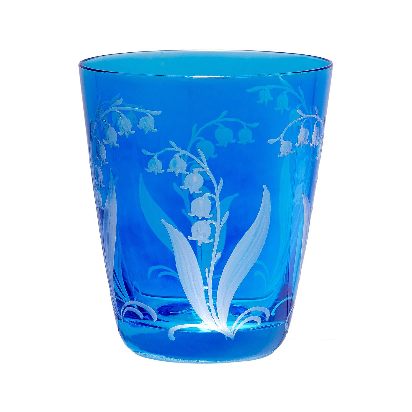 Set of six hand blown tumbler in blue crystal with a hand-edged country style decor. The decor shows a hand-engraved decor lily of the valley all-over the glass. Handmade in Bavaria/Germany. Can be ordered in different colors like green blue and