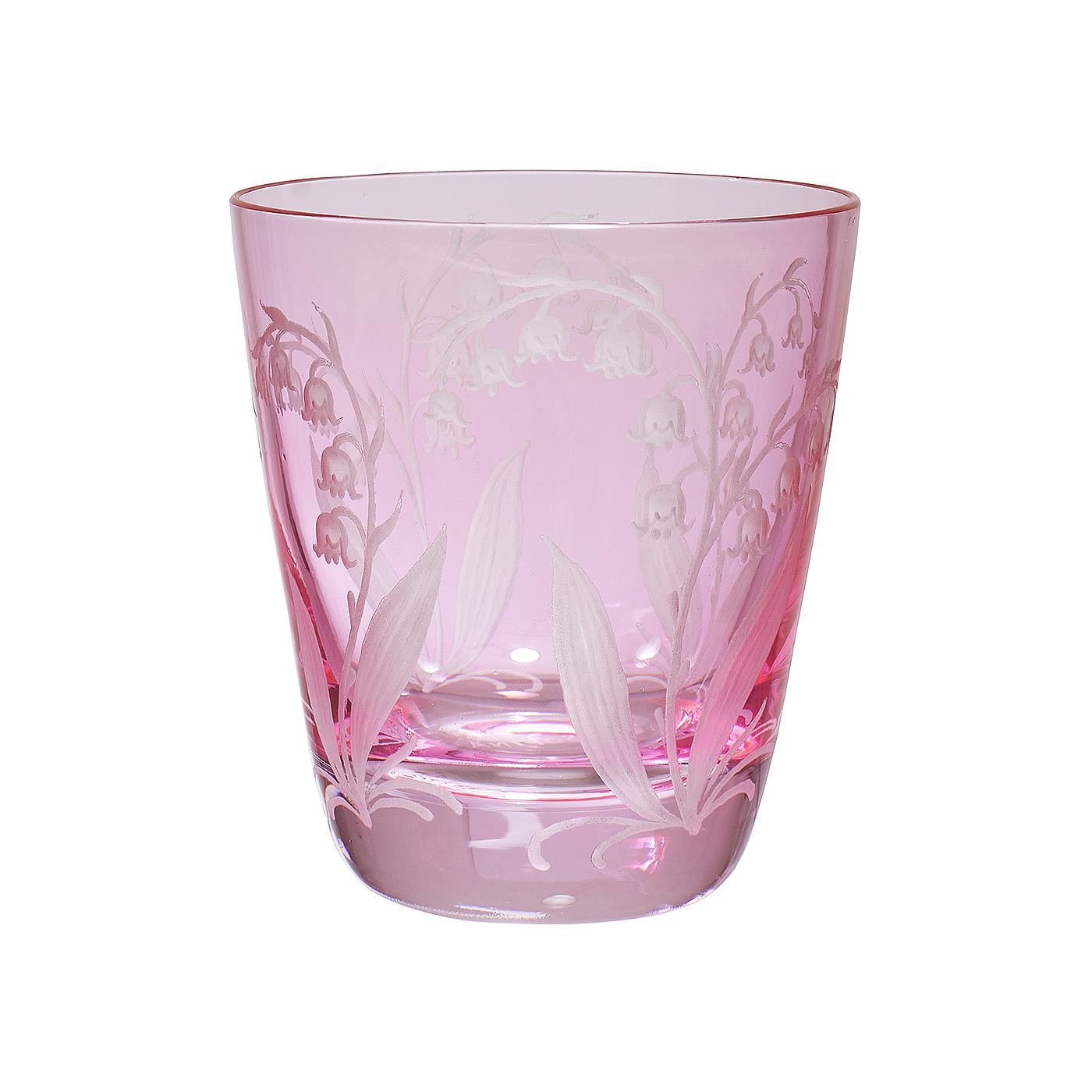 Set of six hand blown tumbler in pink crystal with a hand-edged country style decor. The decor shows a hand-engraved decor lily of the valley all-over the glass. Handmade in Bavaria/Germany. Can be ordered in different colors like pink, green and