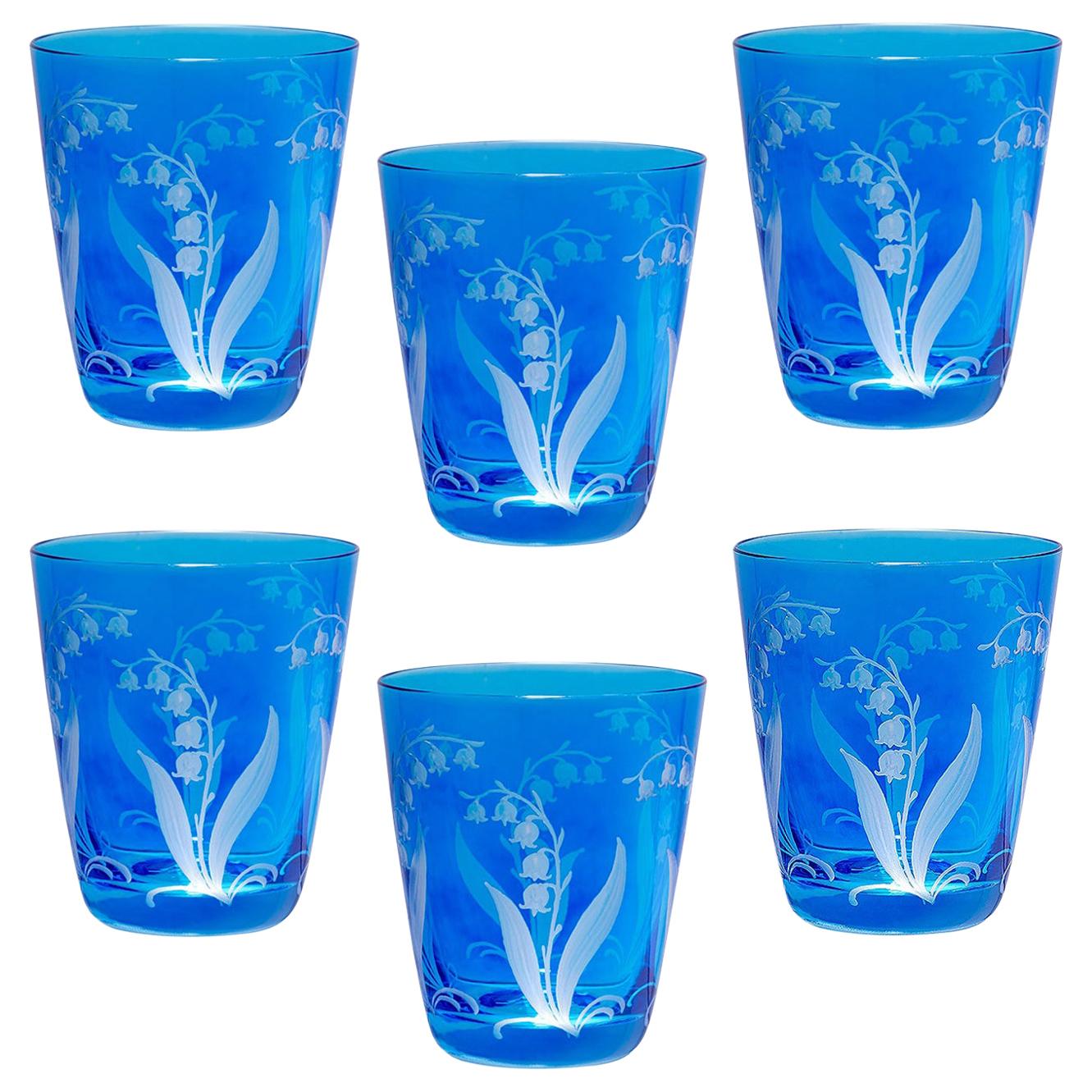 Set aus sechs blauen Glasbechern im Landhausstil von Sofina Boutique Kitzbuehel