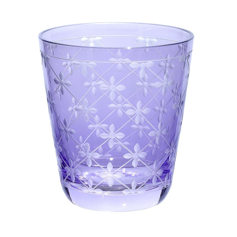 Set of six hand blown tumbler in purple crystal with a hand-edged country style decor. The decor shows a hand-engraved decor all-over the glass. Handmade in Bavaria/Germany. Can be ordered in different colors like pink, green and blue. Colored