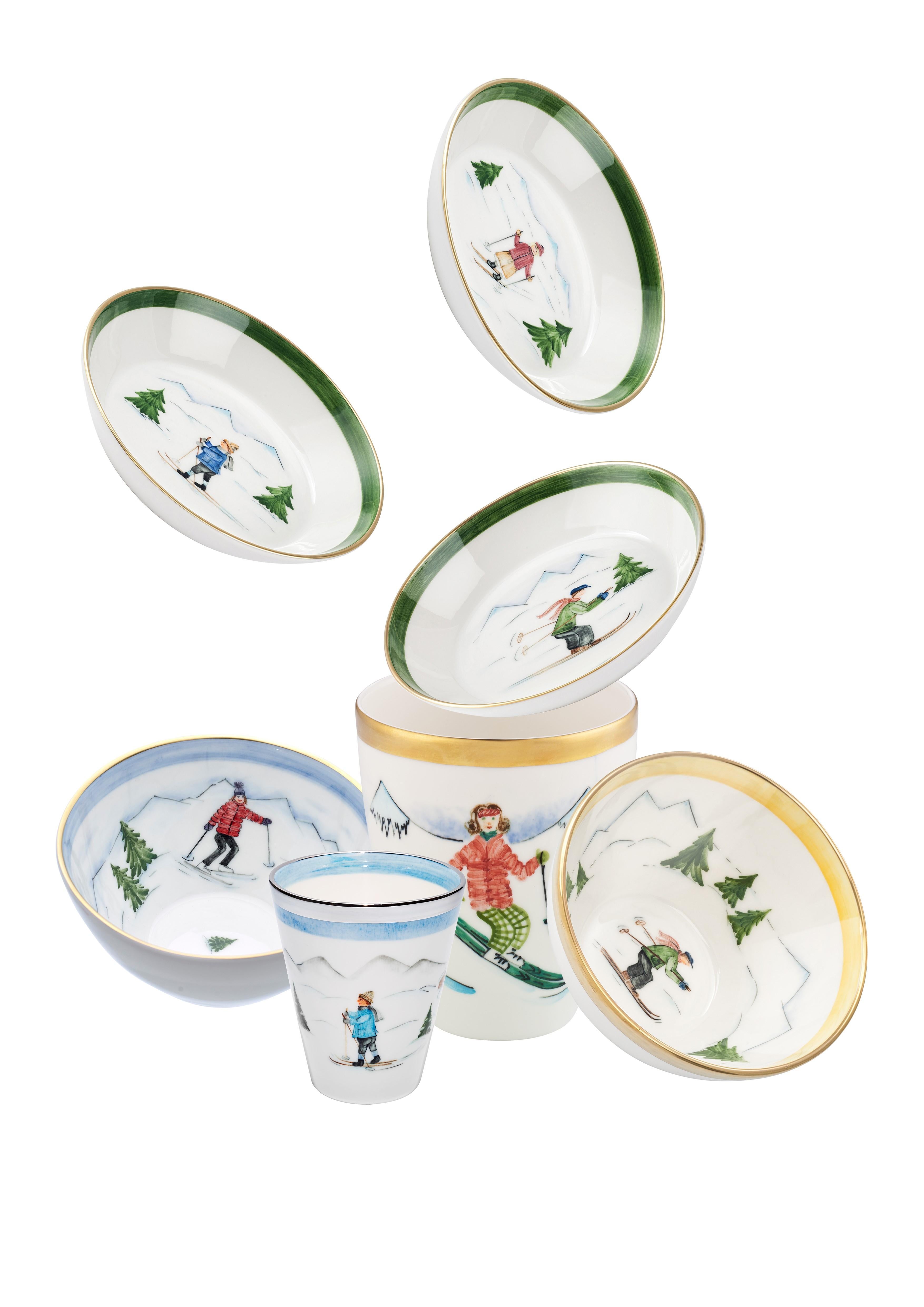 Hand-Crafted Country Style Set of Three Porcelain Dishes with Skier Decor Sofina Boutique For Sale