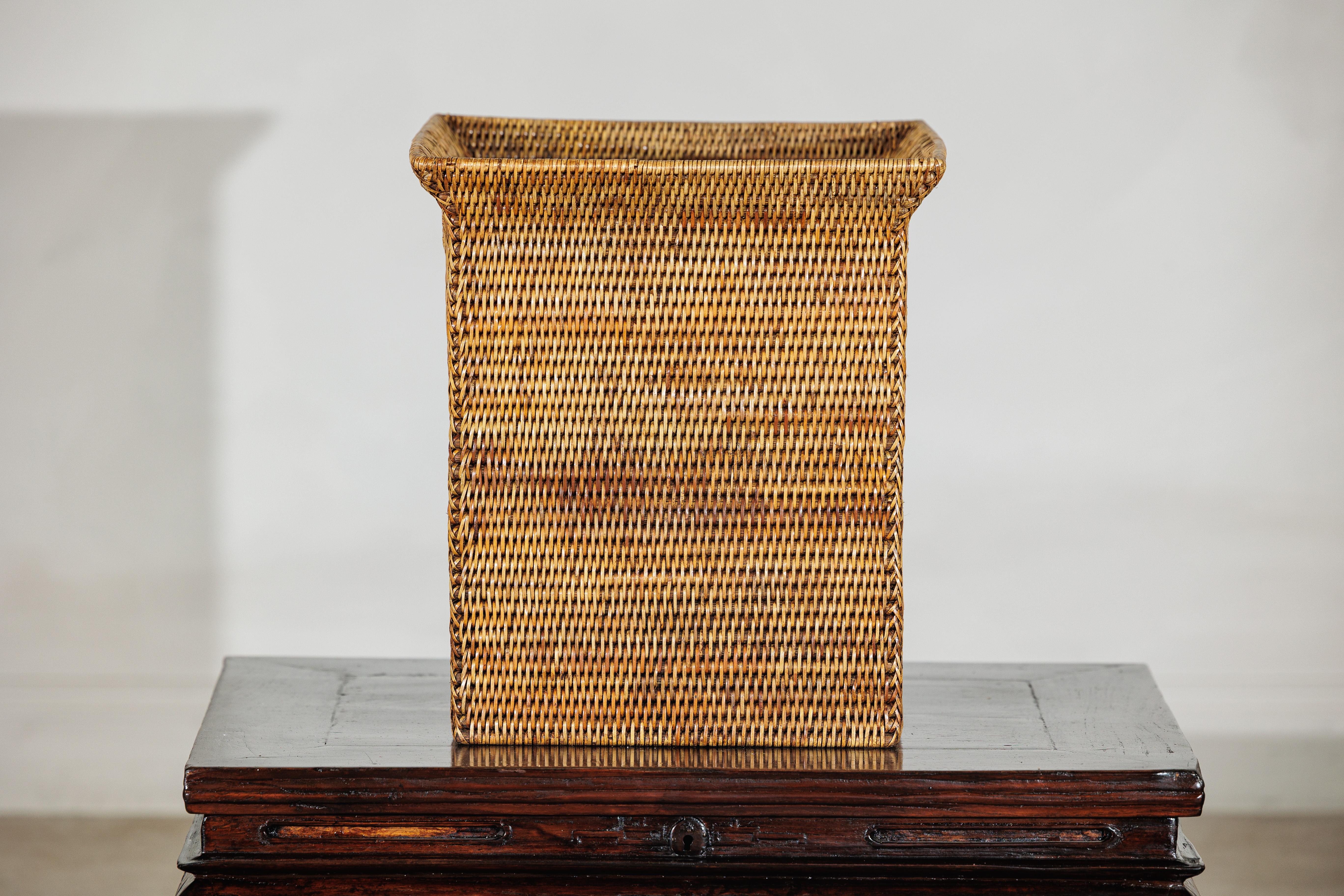 Country Style Square Handwoven Rattan Basket with Flared Rim and Side Handles For Sale 5