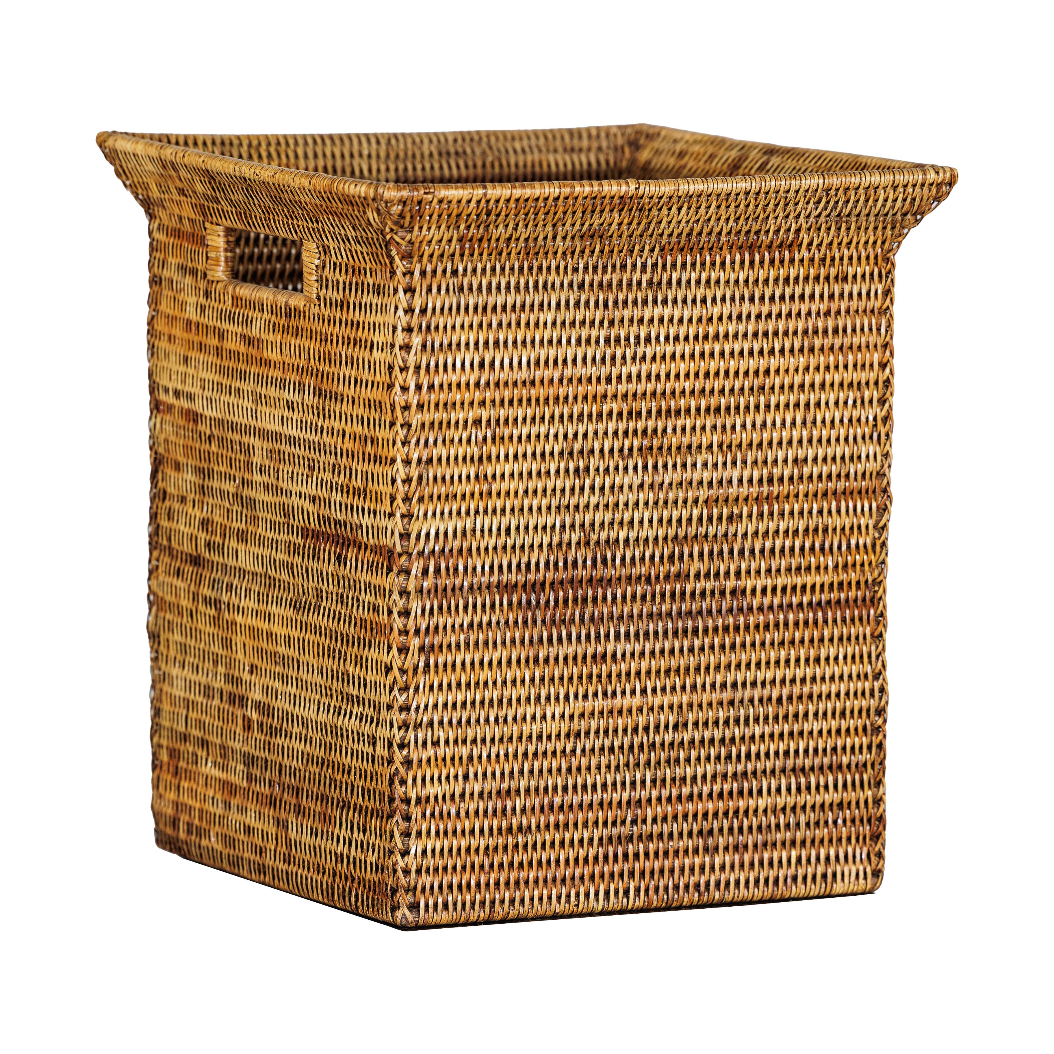 Country Style Square Handwoven Rattan Basket with Flared Rim and Side Handles For Sale 6