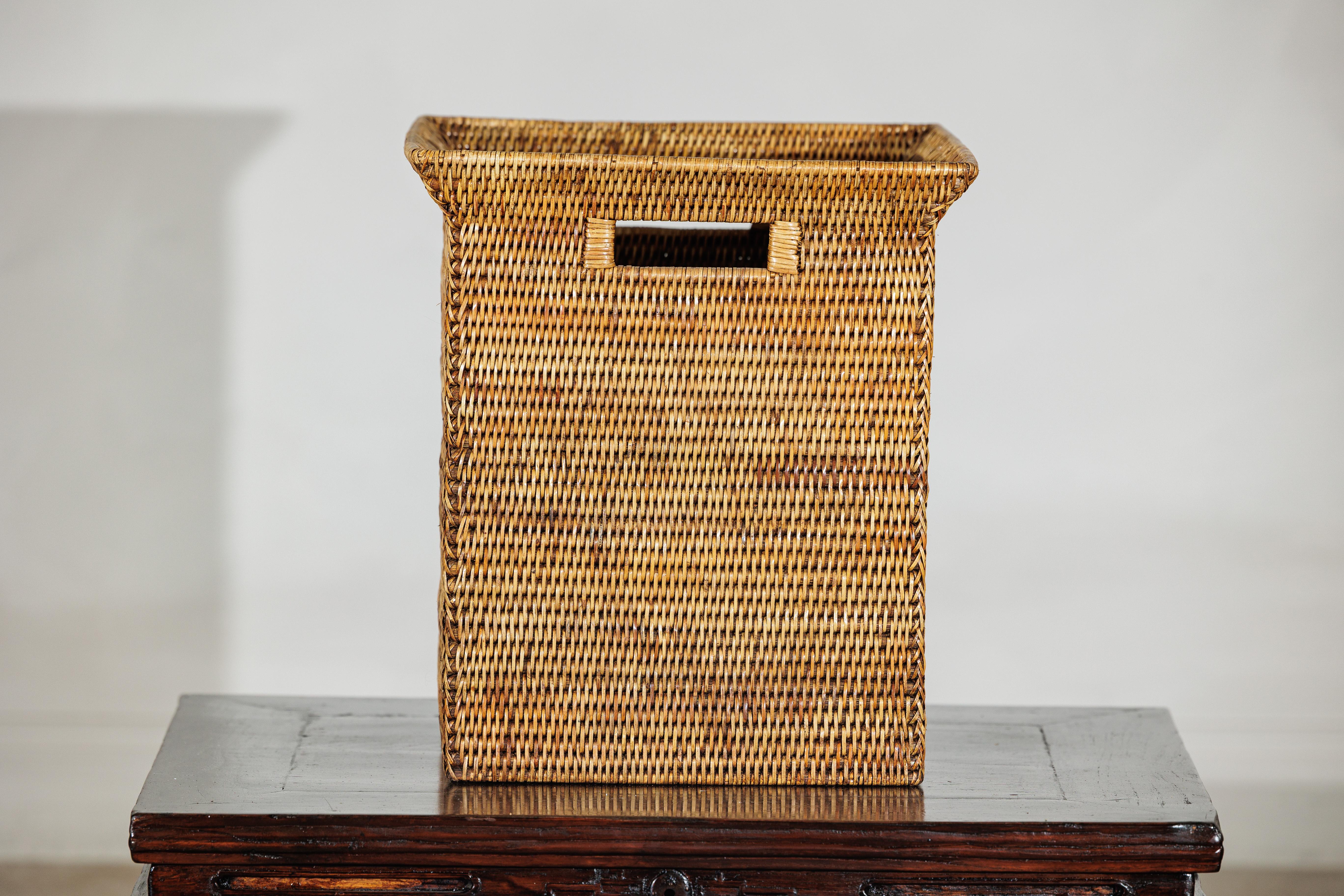 Hand-Woven Country Style Square Handwoven Rattan Basket with Flared Rim and Side Handles For Sale