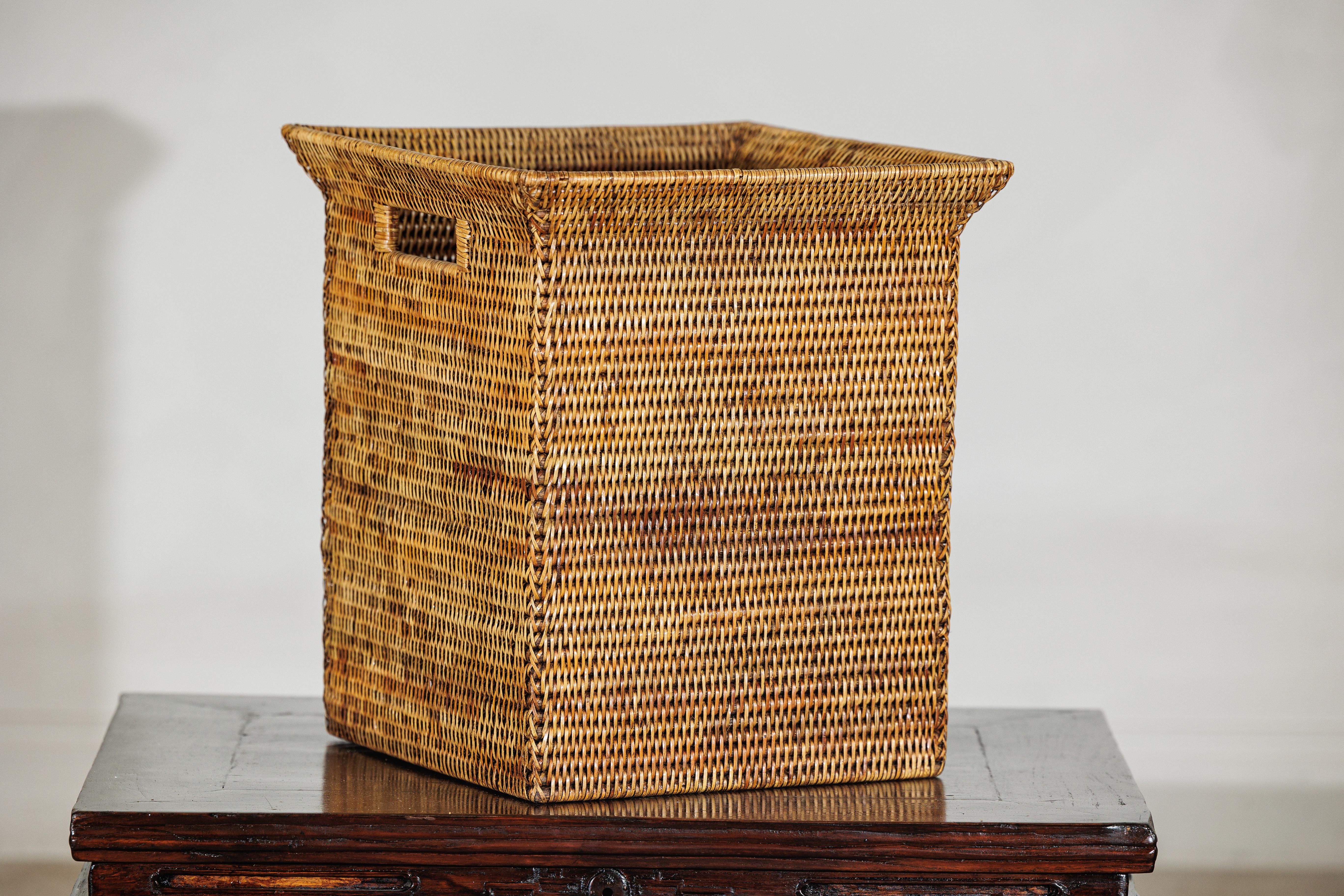 Country Style Square Handwoven Rattan Basket with Flared Rim and Side Handles For Sale 2