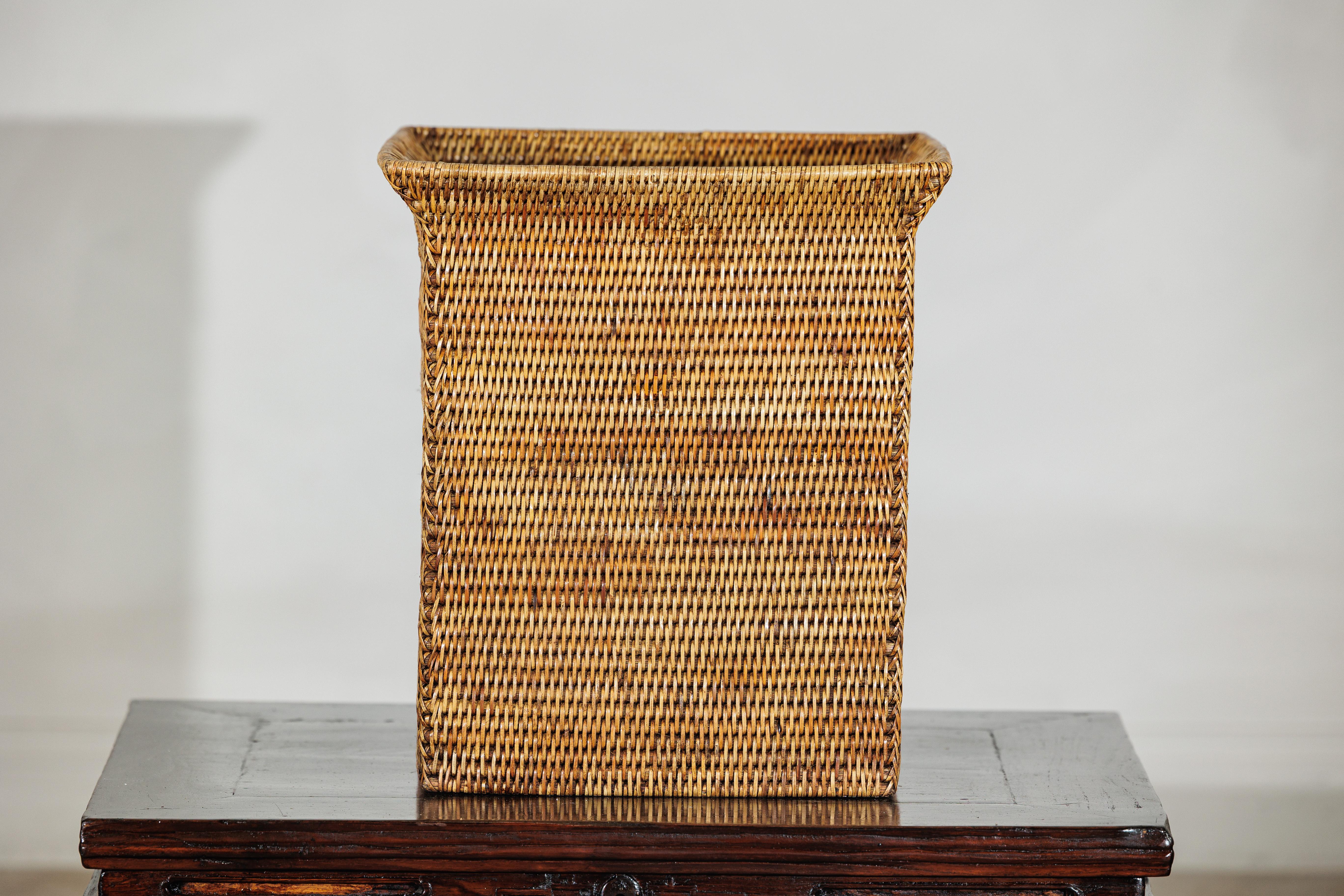 Country Style Square Handwoven Rattan Basket with Flared Rim and Side Handles For Sale 3