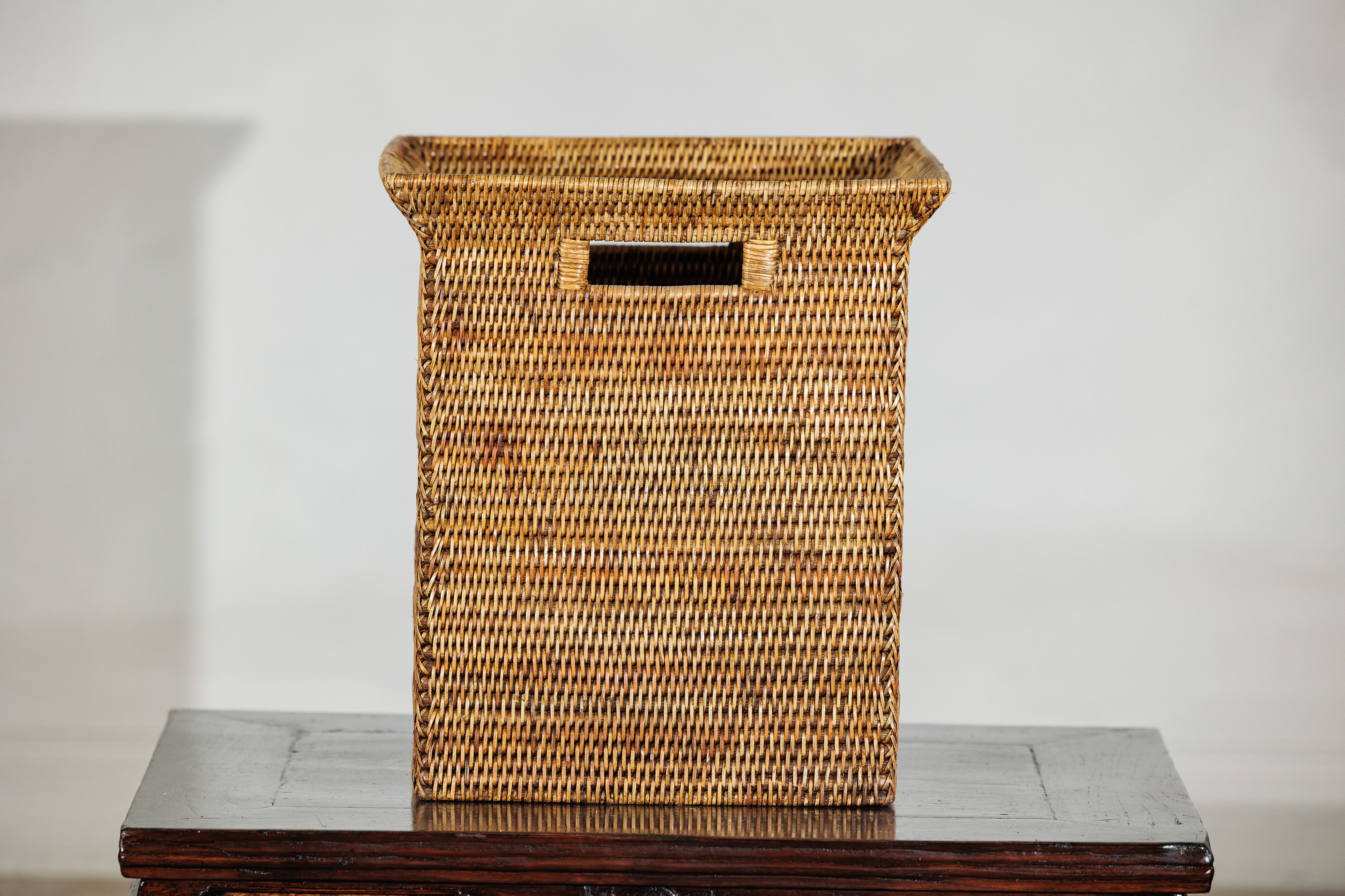 Country Style Square Handwoven Rattan Basket with Flared Rim and Side Handles For Sale 4