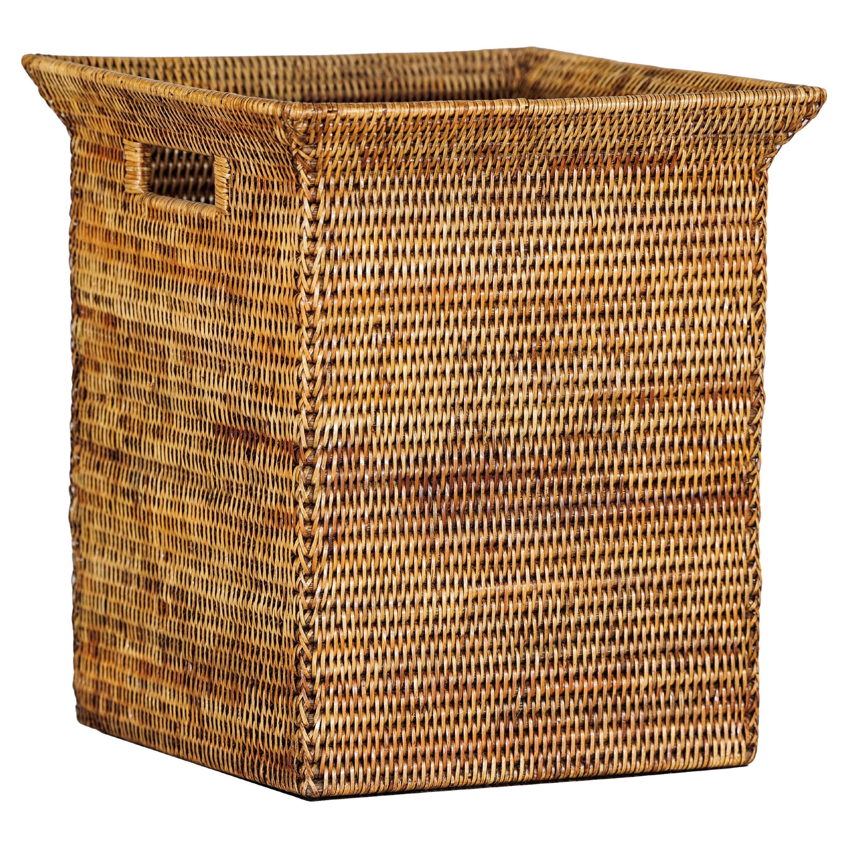 Country Style Square Handwoven Rattan Basket with Flared Rim and Side Handles For Sale