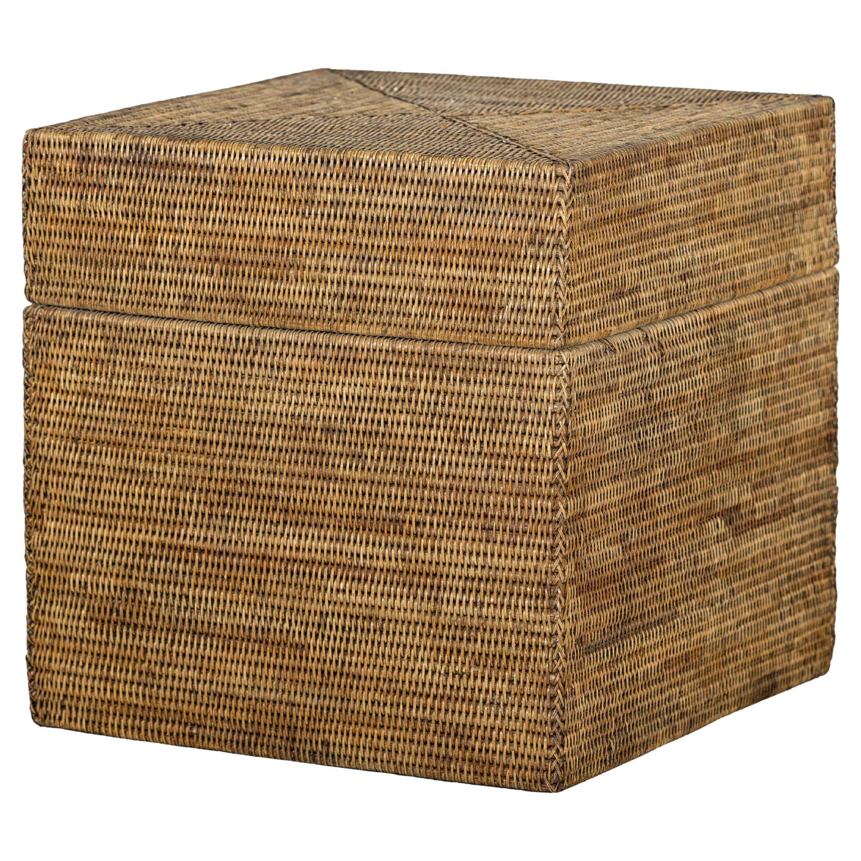 Country Style Square Handwoven Rattan Basket with Removable Lid For Sale