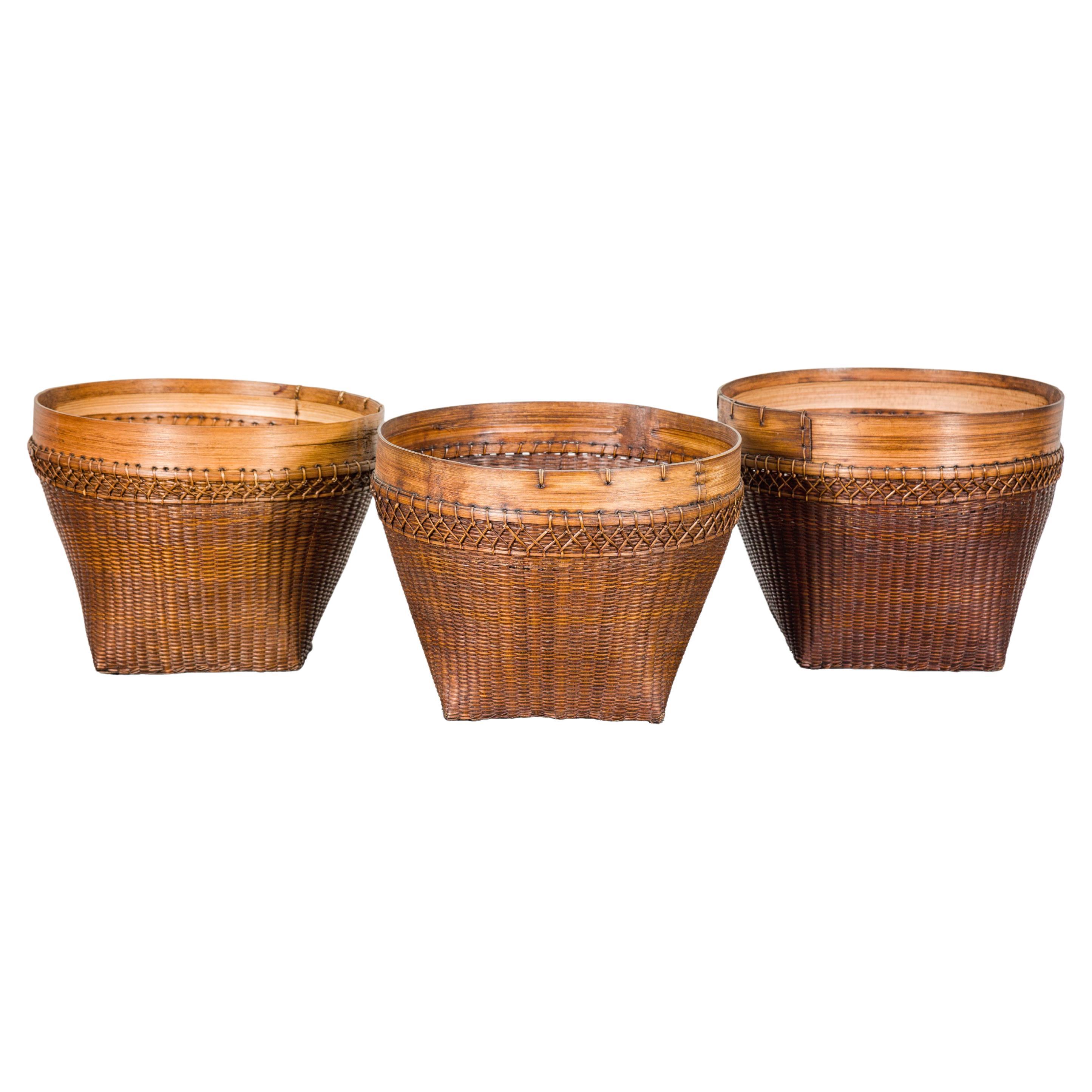 Country Style Vintage Hand Woven Rattan Basket with Bamboo Rim, Sold Each
