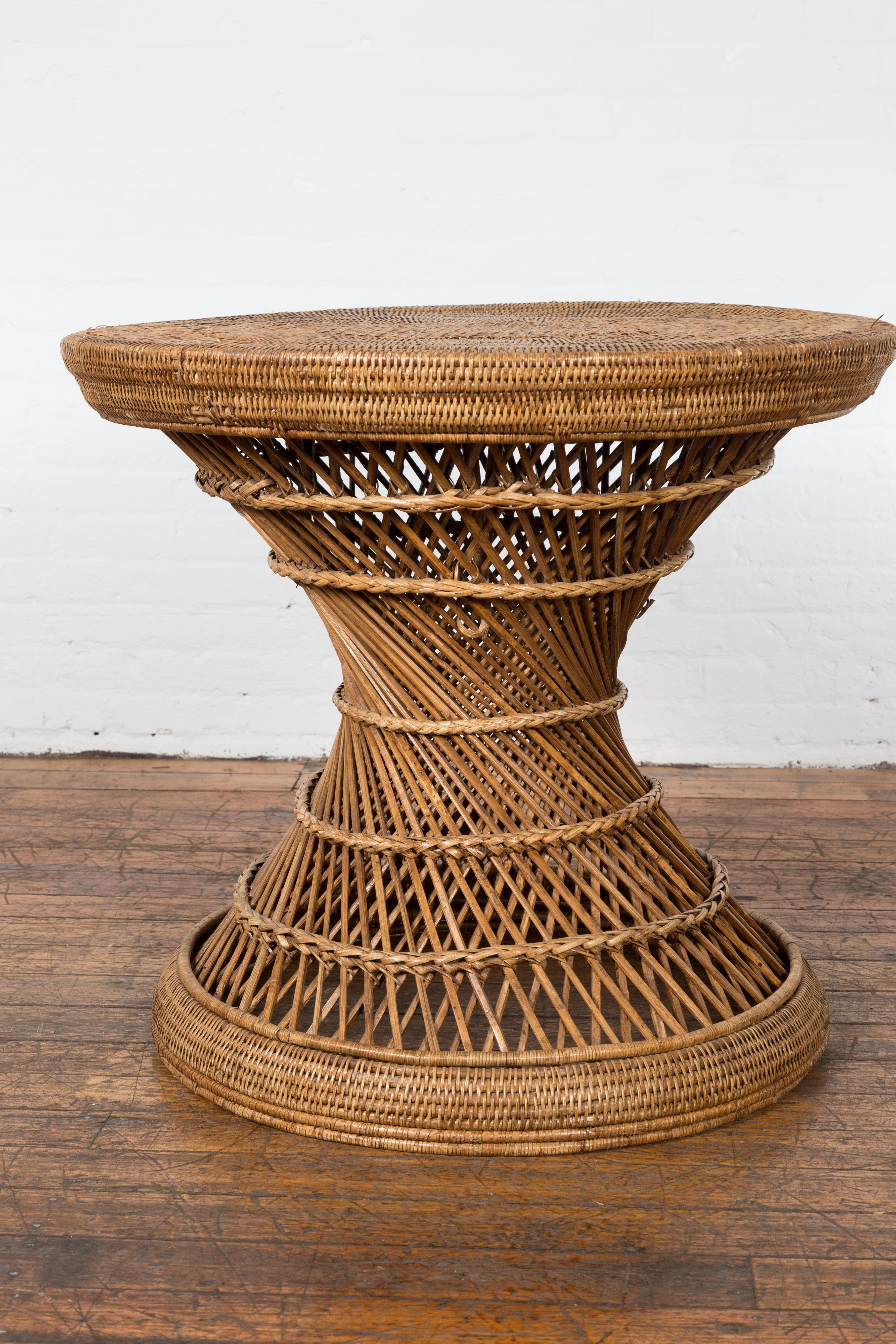 Country Style Vintage Thai Woven Rattan Drum Table with Circular Top For Sale 6