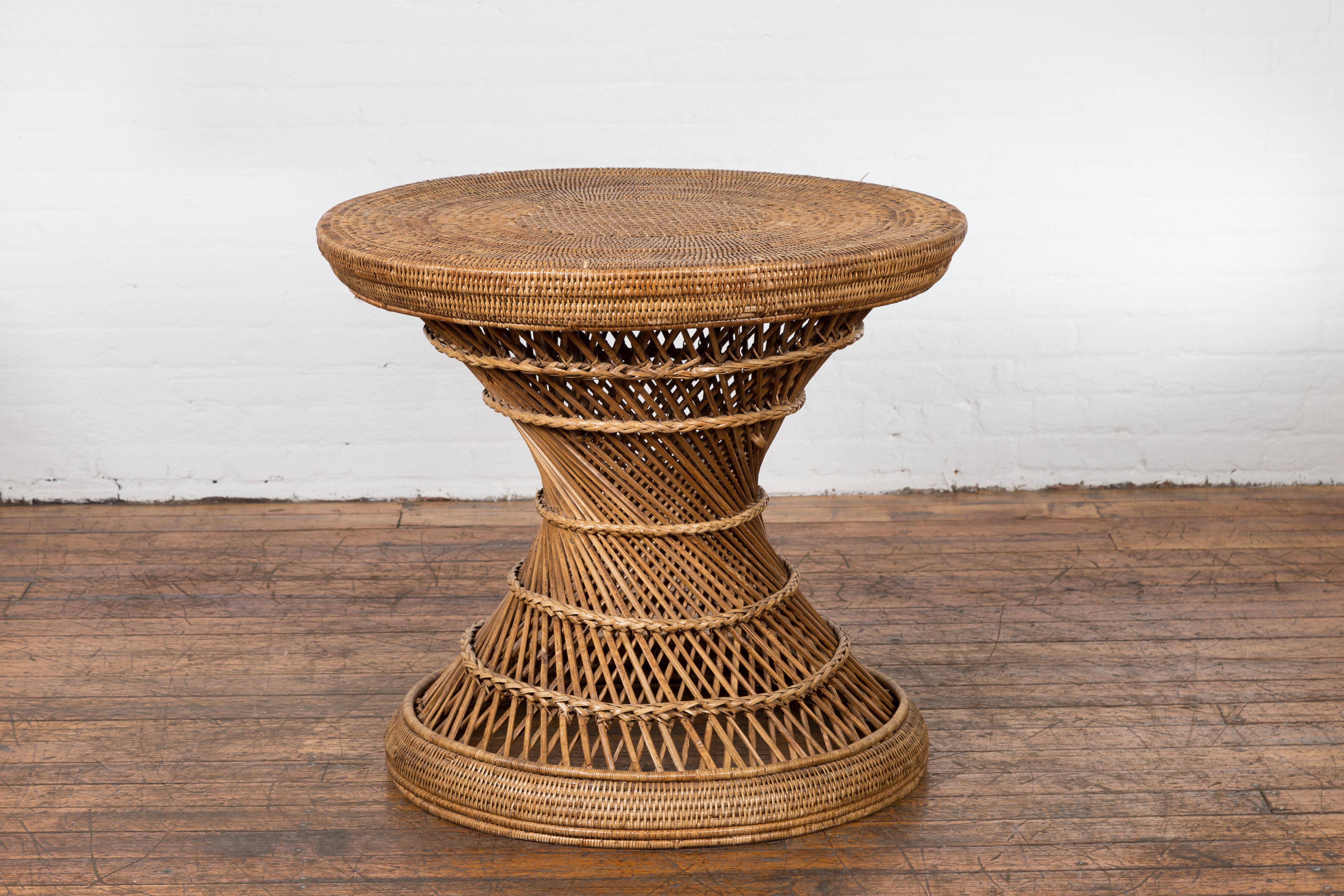 Country Style Vintage Thai Woven Rattan Drum Table with Circular Top For Sale 7