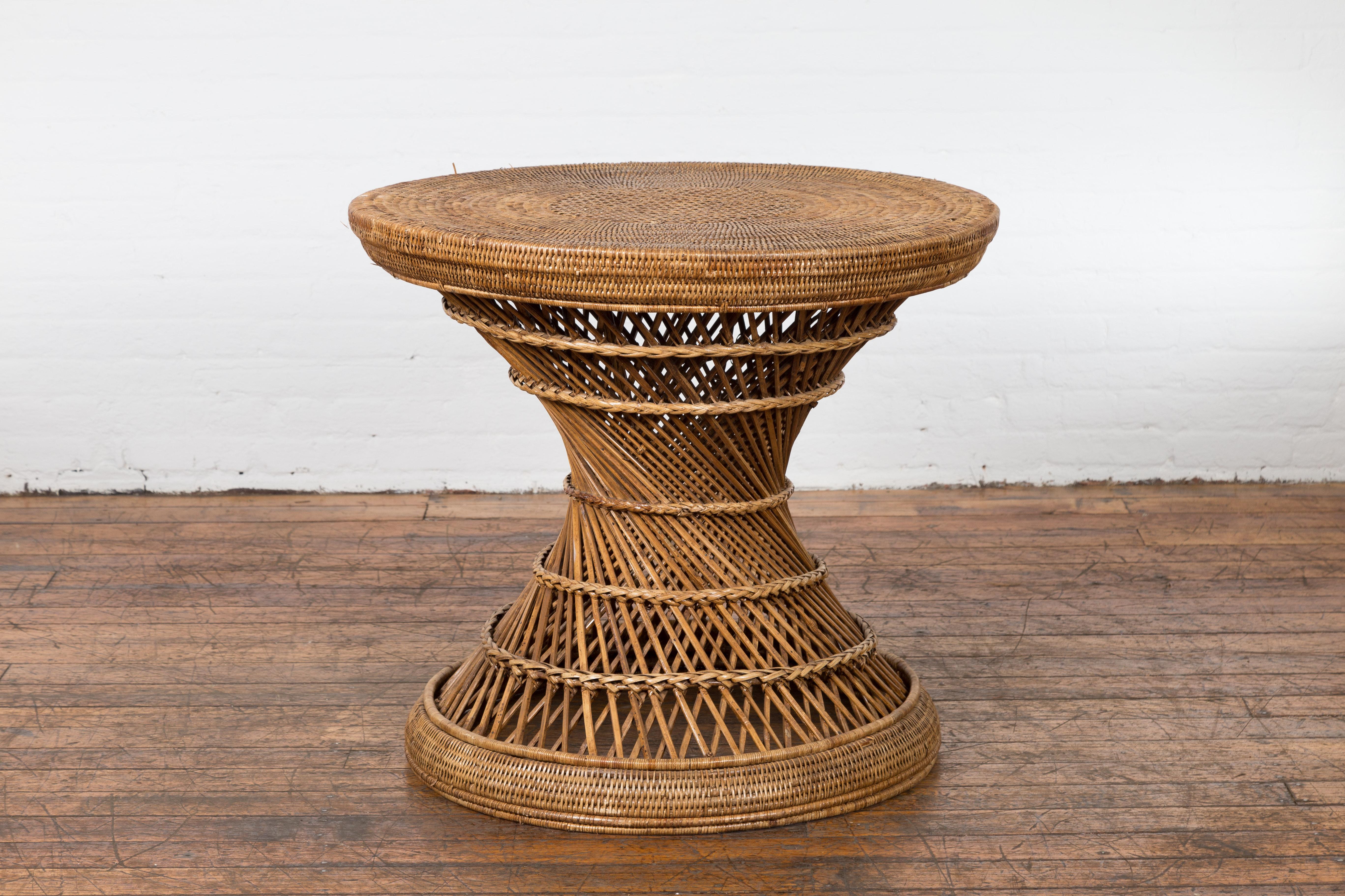 Country Style Vintage Thai Woven Rattan Drum Table with Circular Top For Sale 8