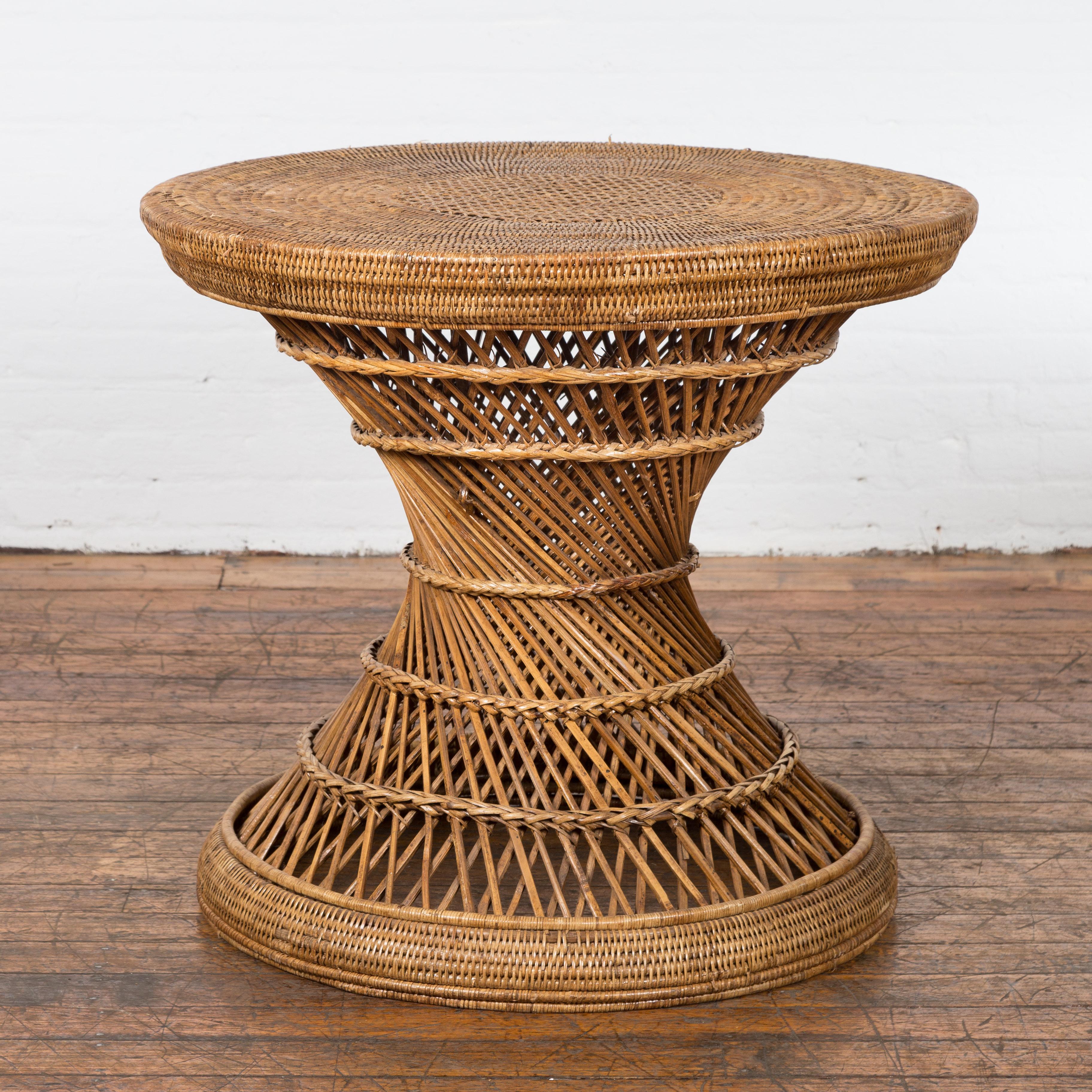 Country Style Vintage Thai Woven Rattan Drum Table with Circular Top For Sale 9