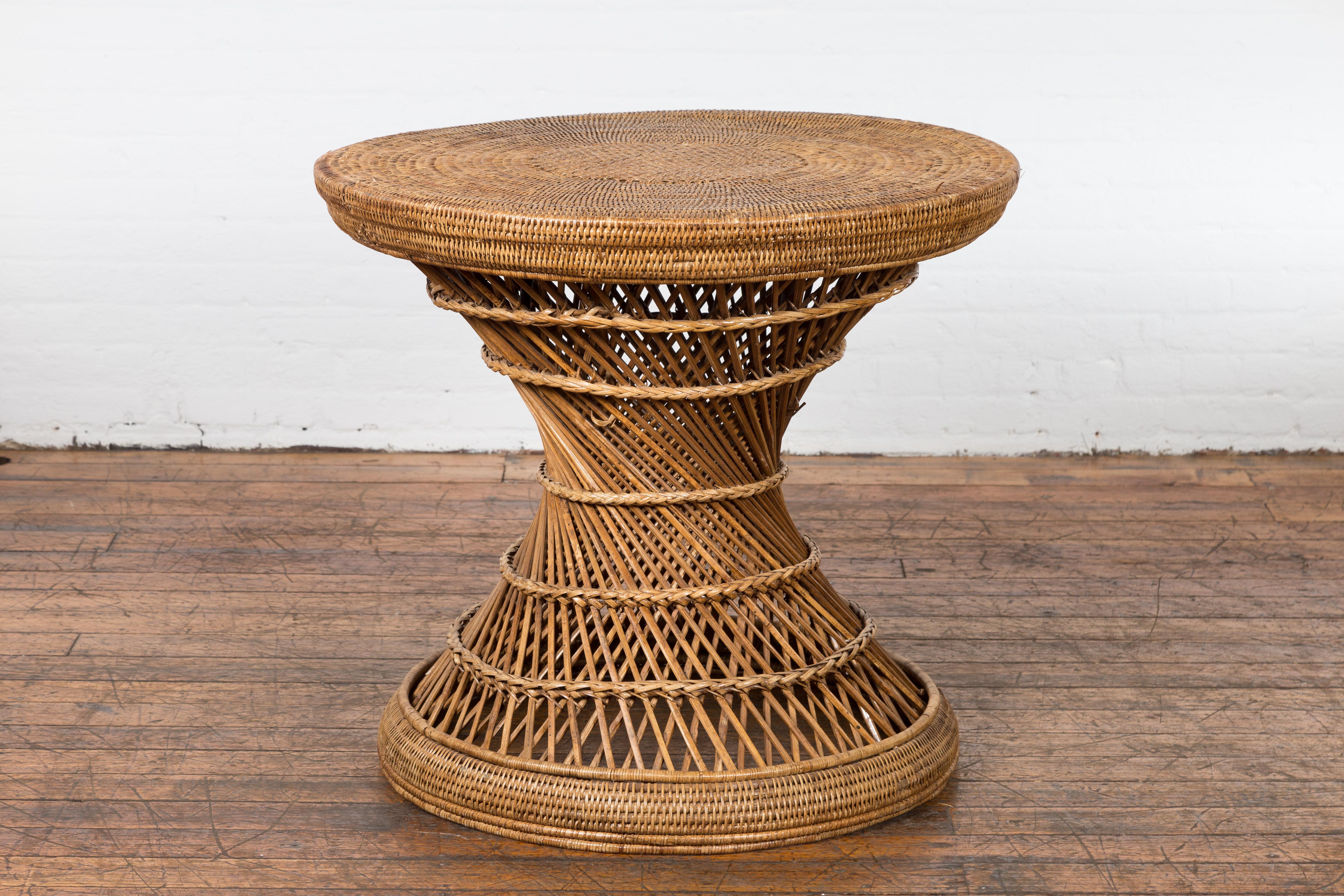 Country Style Vintage Thai Woven Rattan Drum Table with Circular Top For Sale 10
