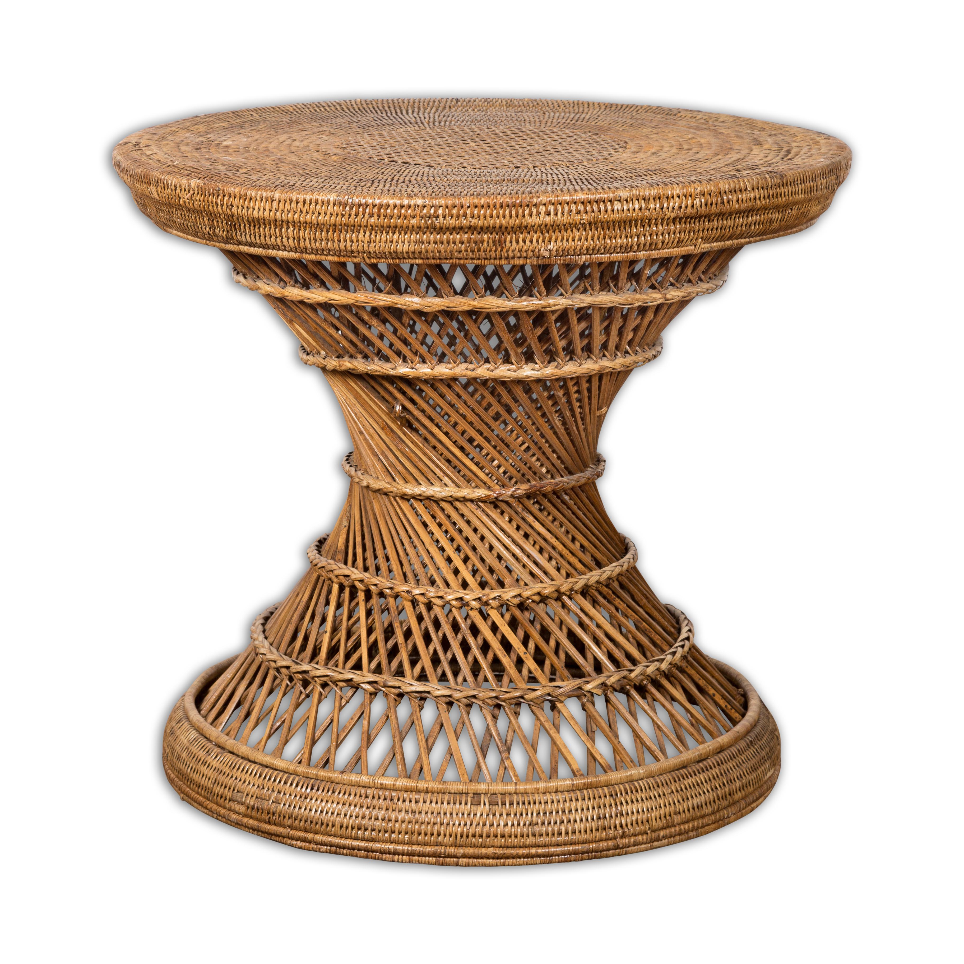 Country Style Vintage Thai Woven Rattan Drum Table with Circular Top For Sale 11