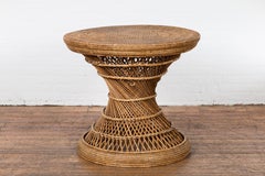 Country Style Vintage Thai Woven Rattan Drum Table with Circular Top