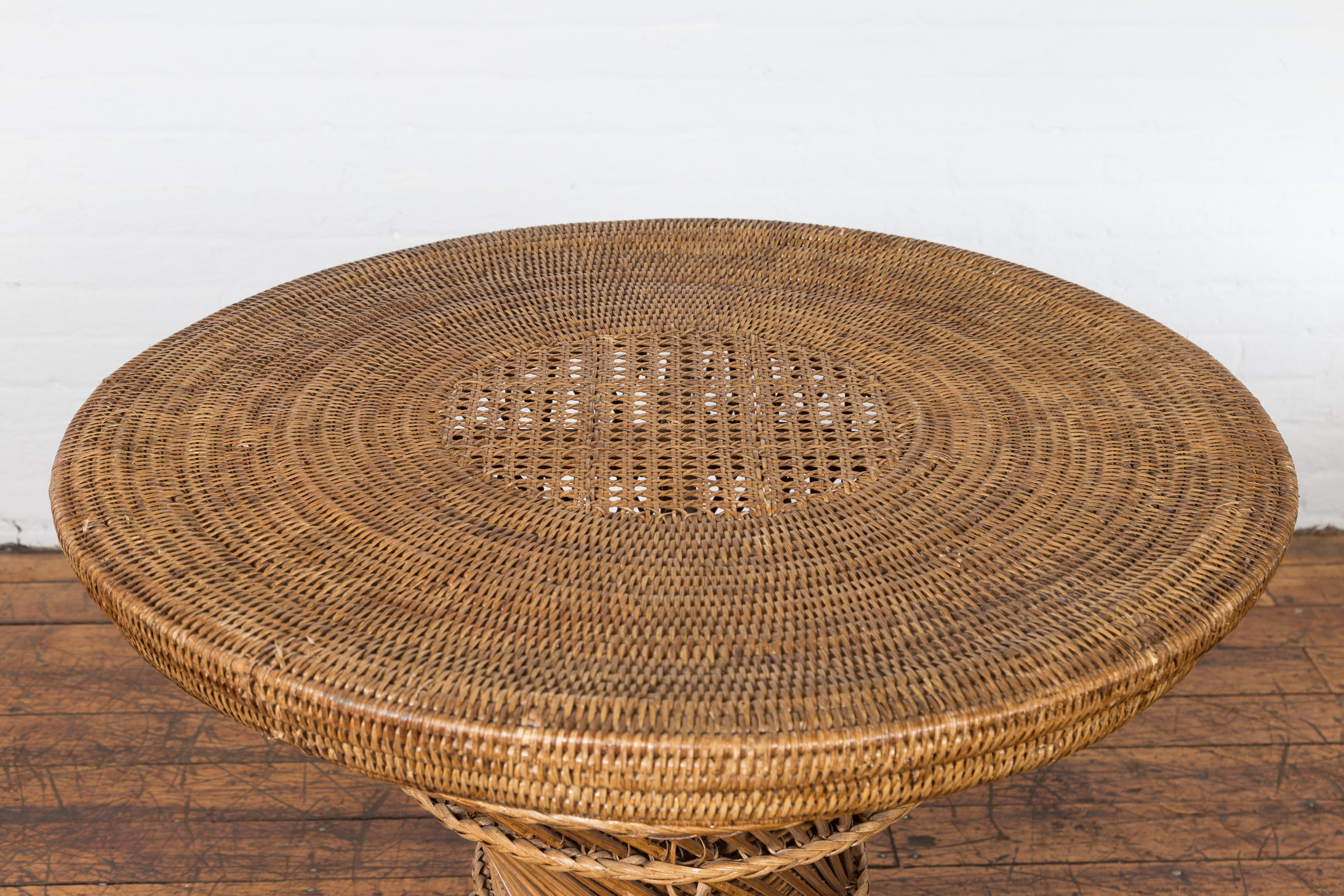 20th Century Country Style Vintage Thai Woven Rattan Drum Table with Circular Top For Sale