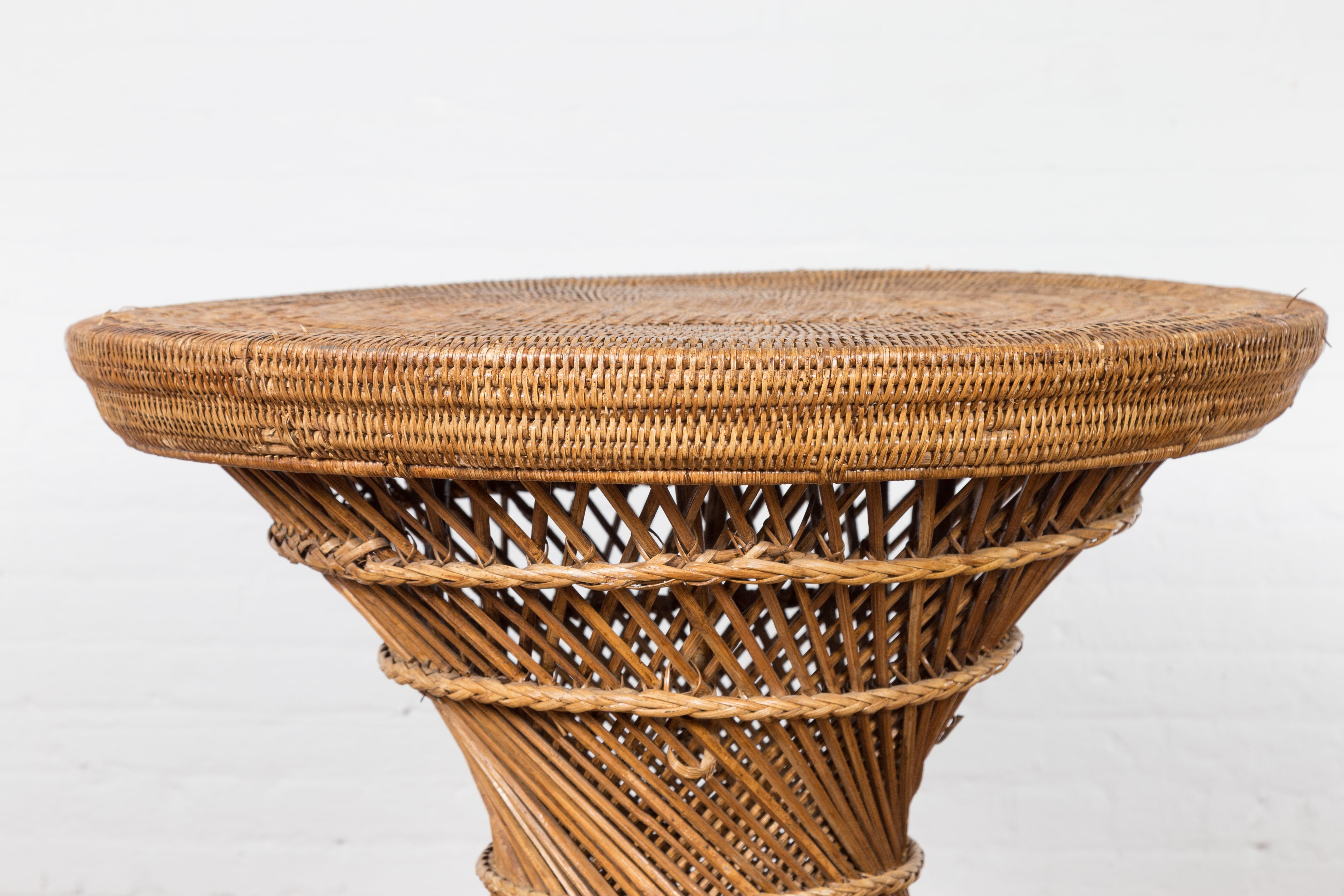 Country Style Vintage Thai Woven Rattan Drum Table with Circular Top For Sale 3