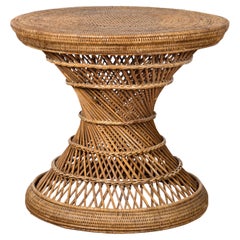 Table à tambour en rotin tressé thaïlandais vintage de style campagnard avec plateau circulaire