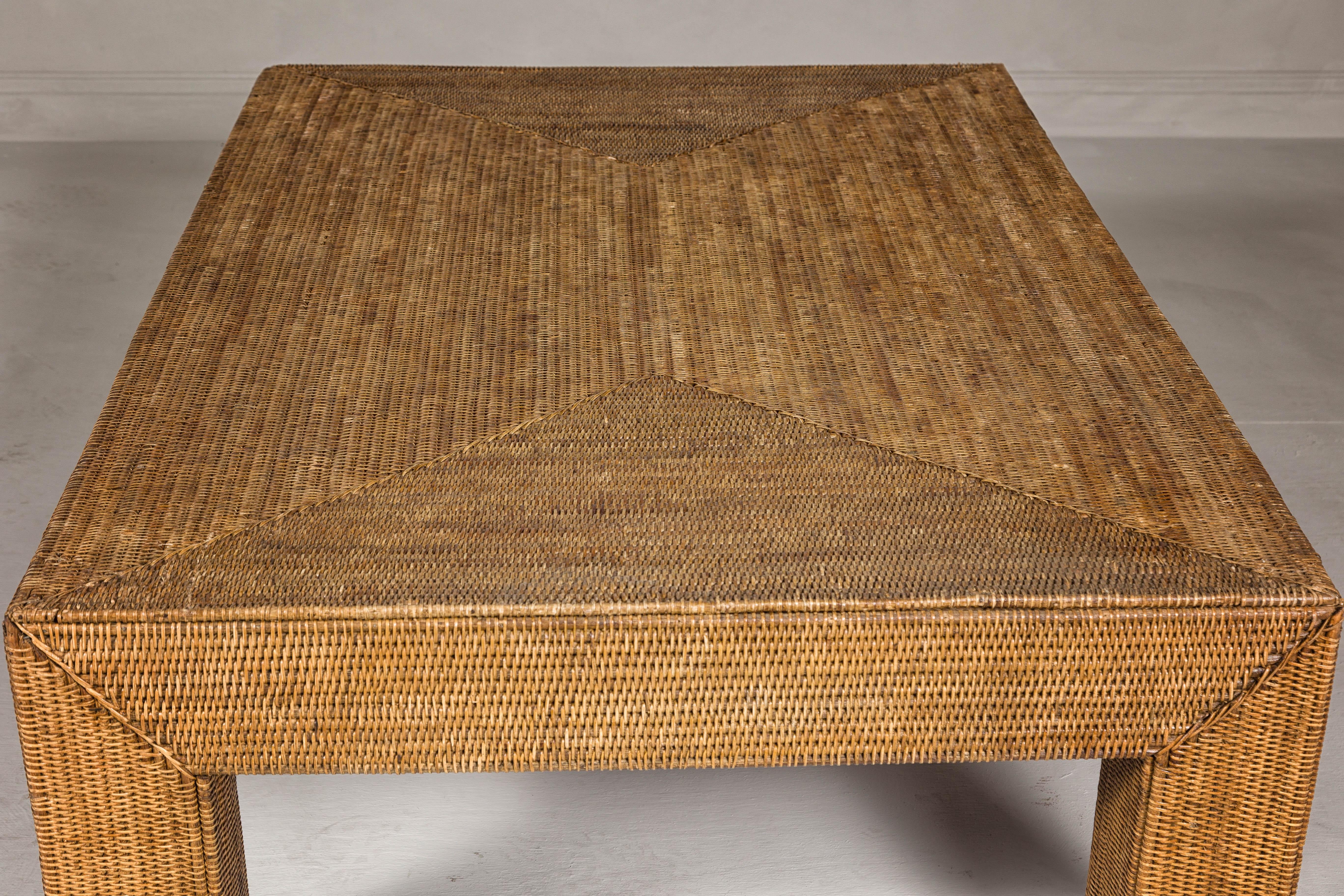 Country Style Woven Rattan on Wooden Core Light Brown Parsons Leg Coffee Table For Sale 8