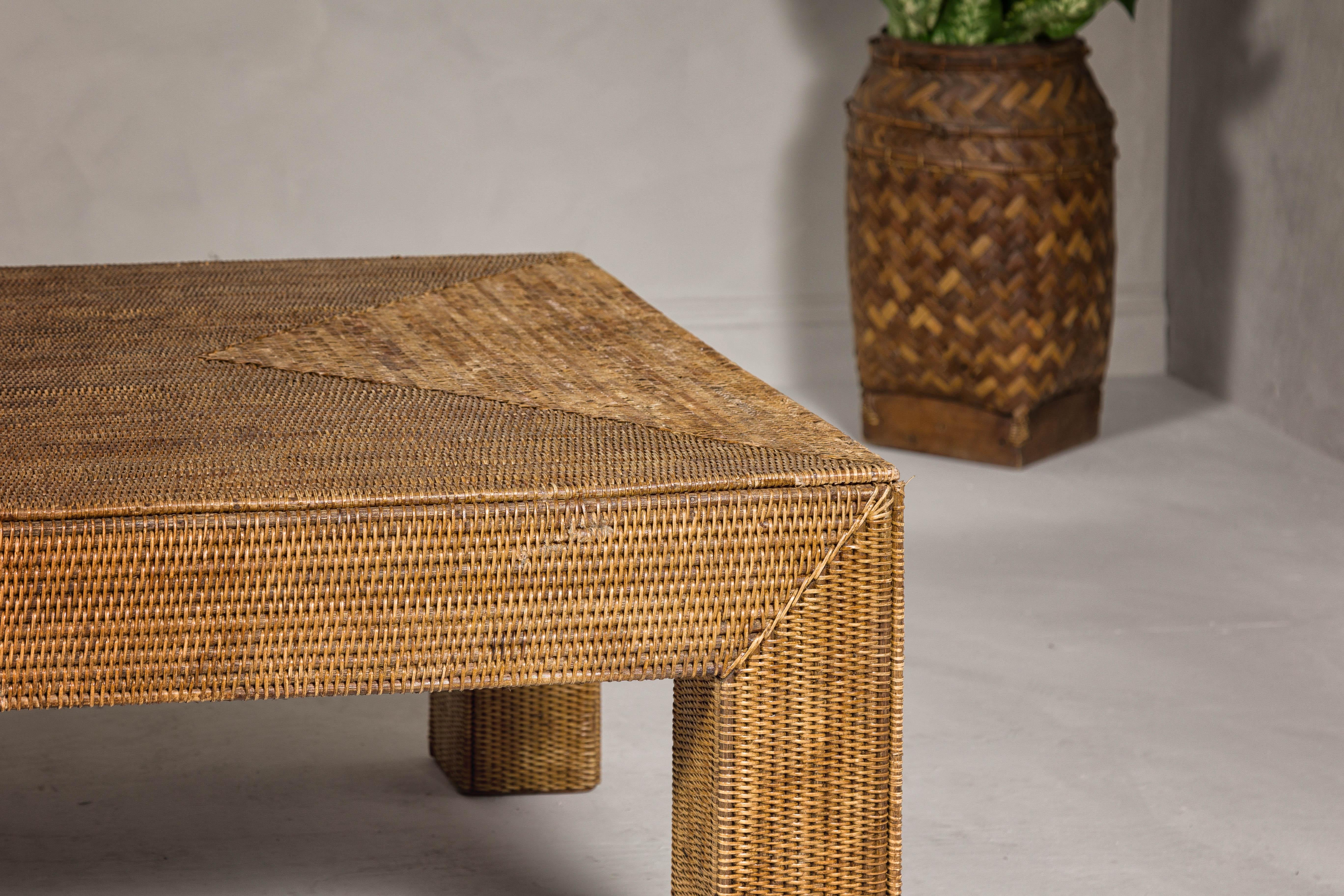 Country Style Woven Rattan on Wooden Core Light Brown Parsons Leg Coffee Table For Sale 1