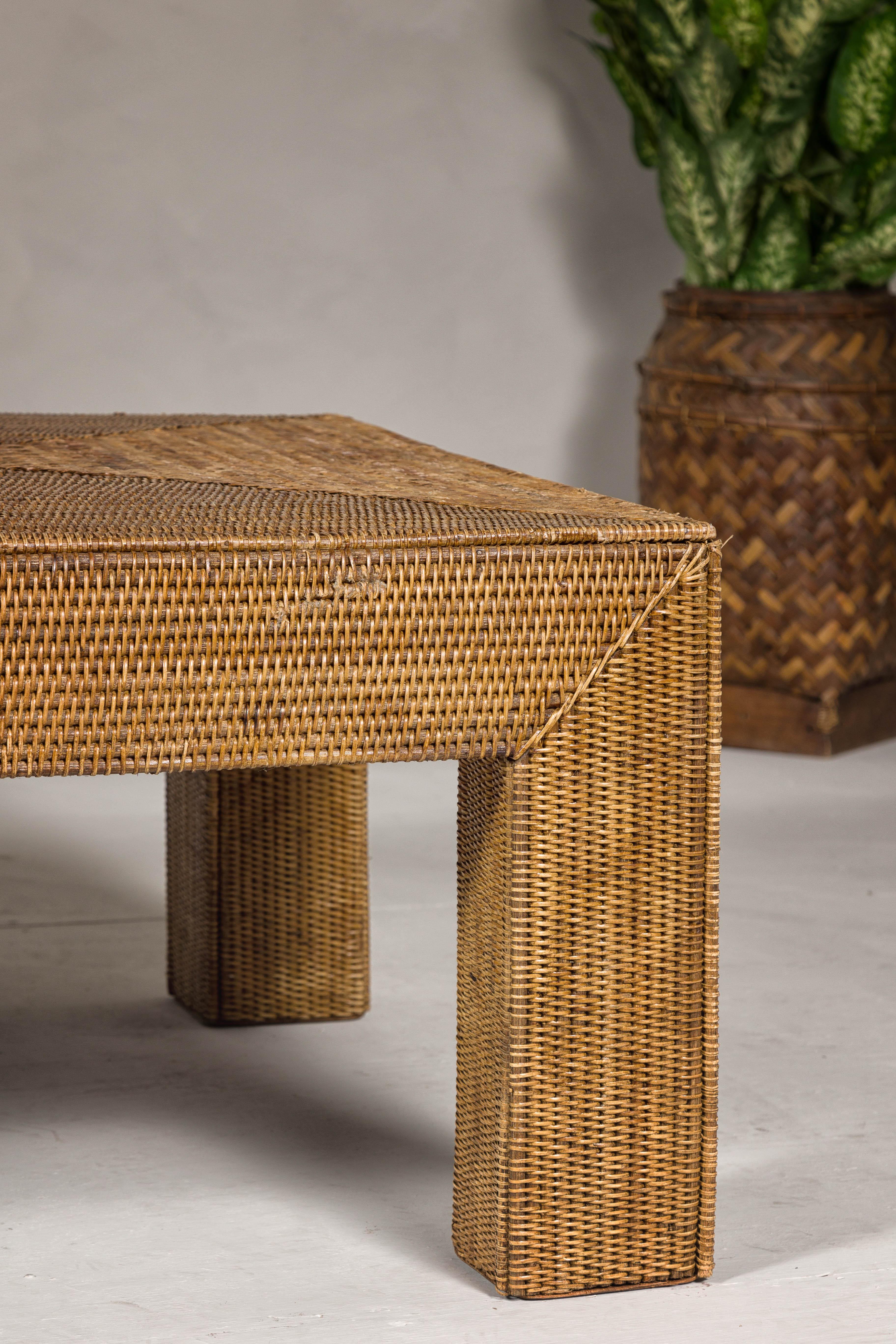 Country Style Woven Rattan on Wooden Core Light Brown Parsons Leg Coffee Table For Sale 3